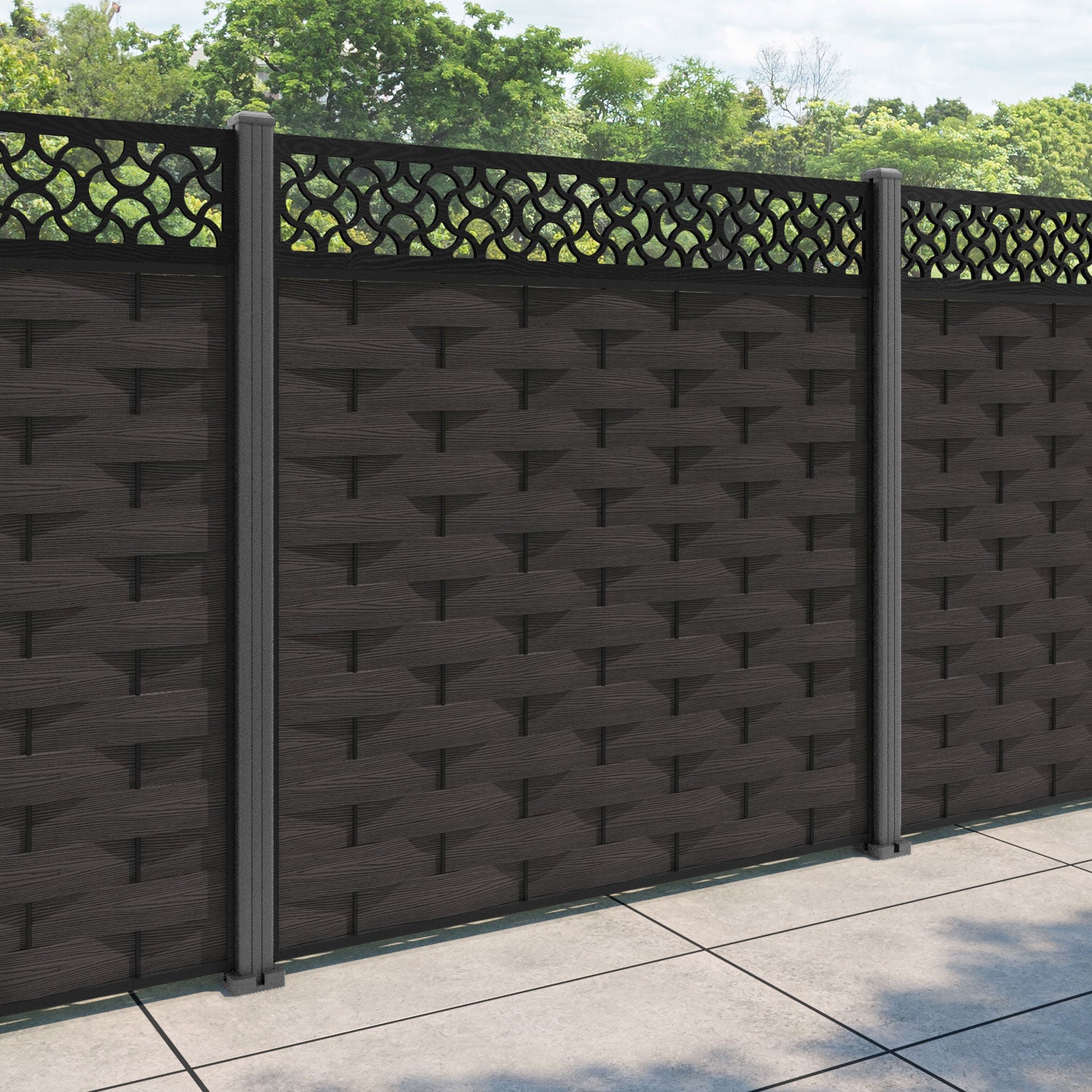 Ripple Vida Fence Panel - Dark Oak - with our aluminium posts