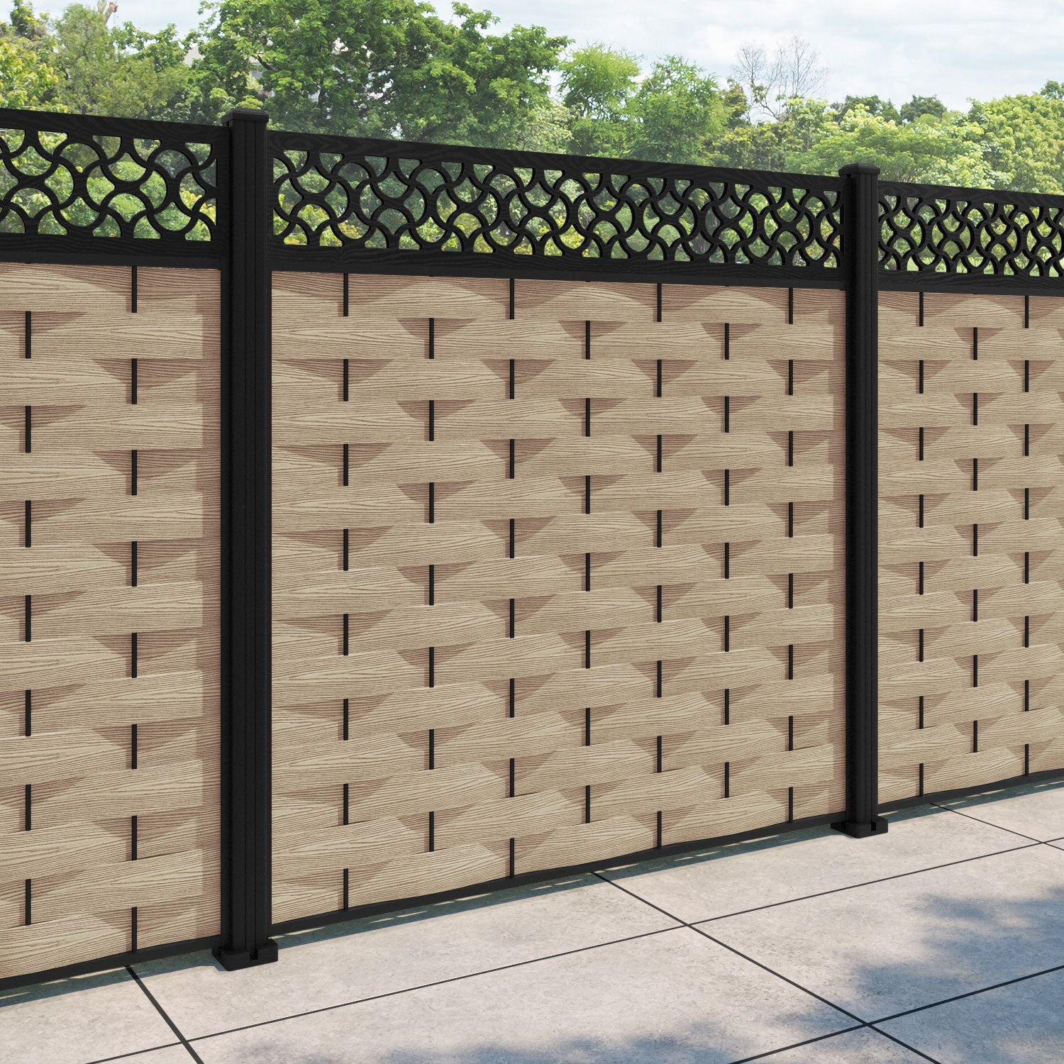 Ripple Vida Fence Panel - Light Oak - with our aluminium posts