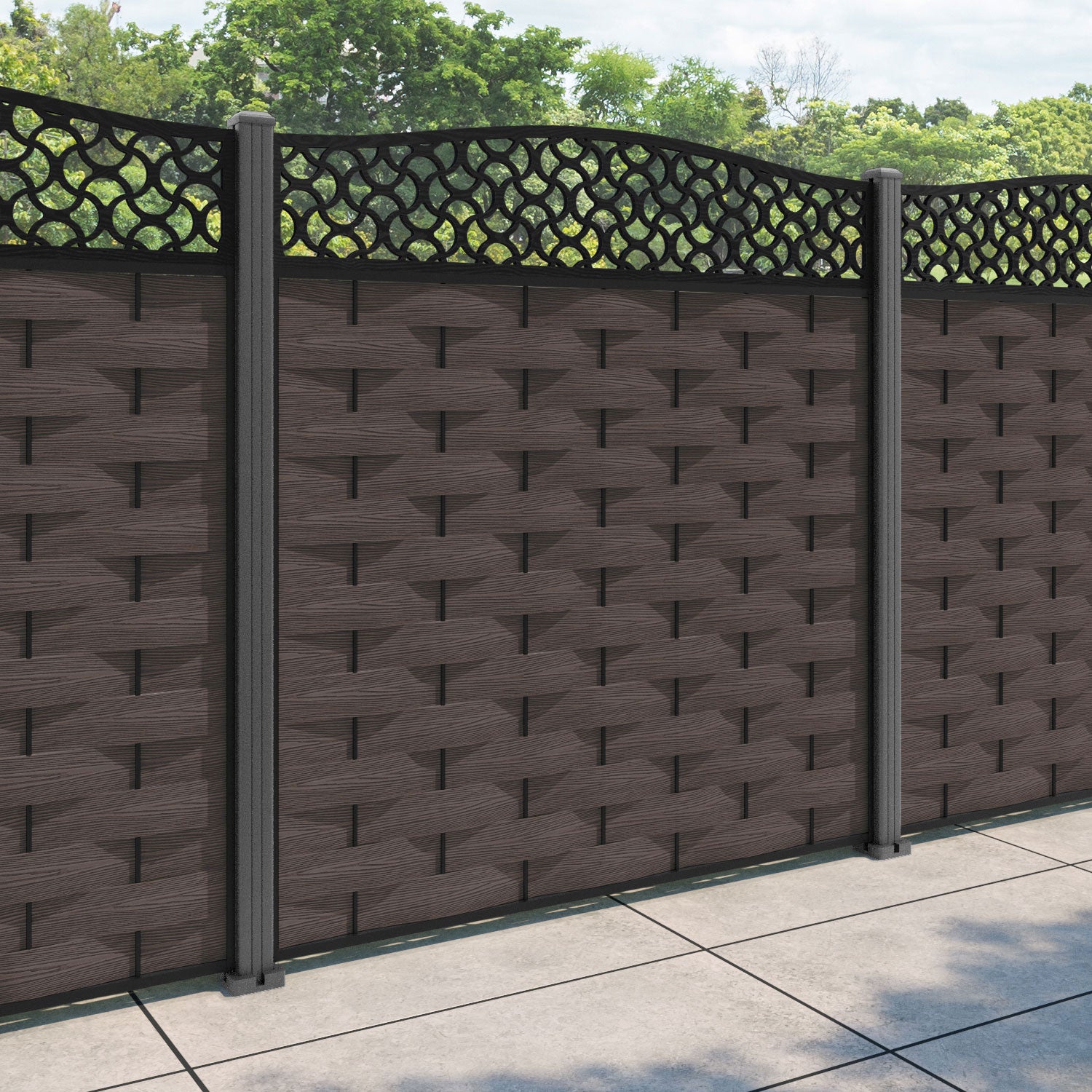 Ripple Vida Curved Top Fence Panel - Mid Brown - with our aluminium posts