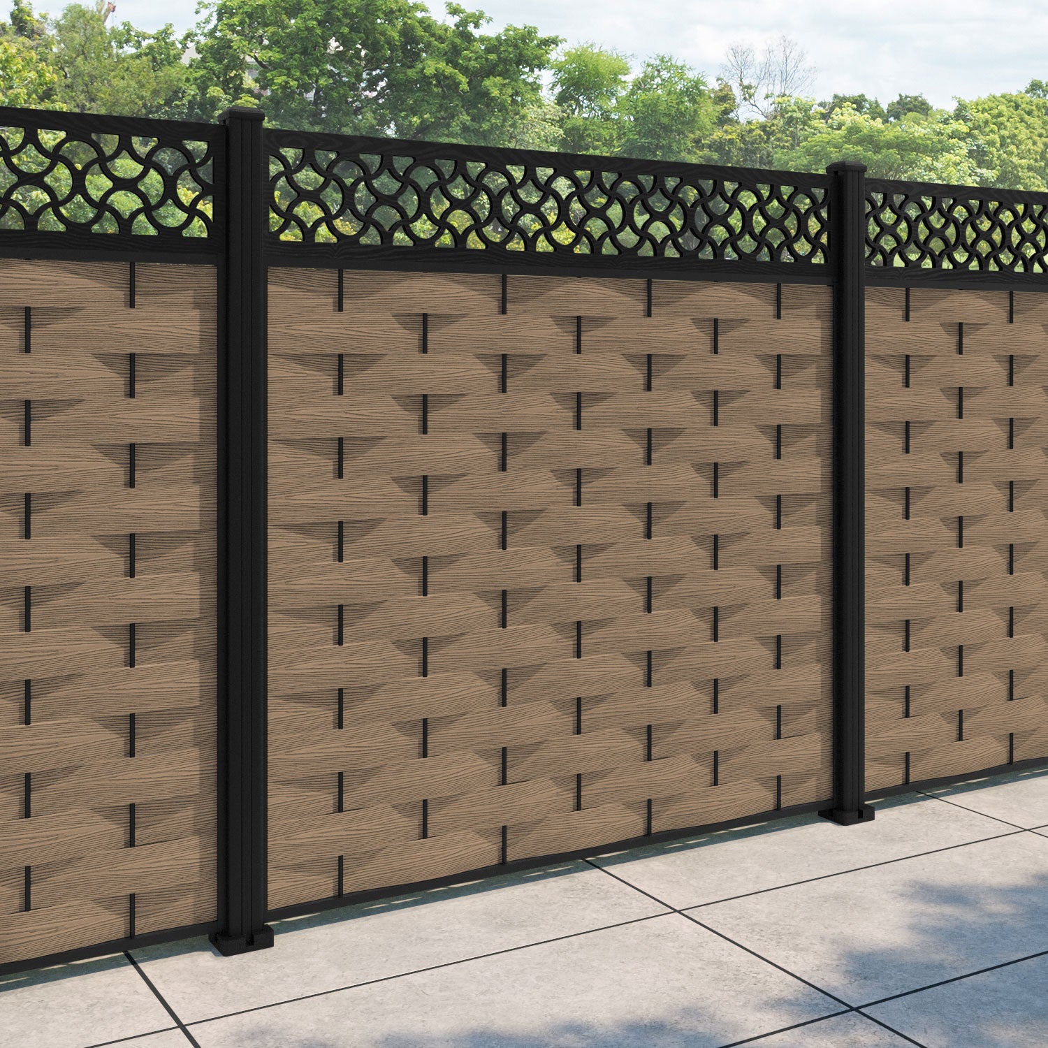 Ripple Vida Fence Panel - Teak - with our aluminium posts