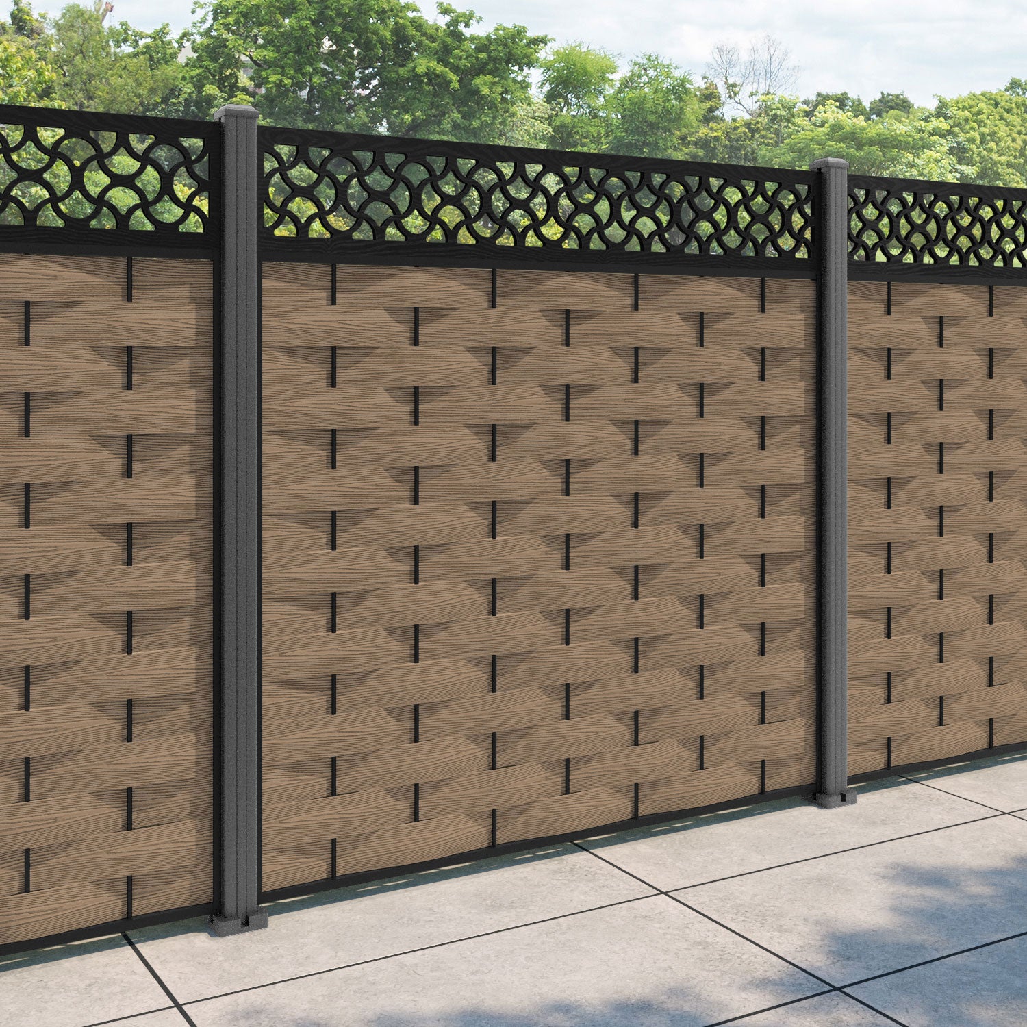 Ripple Vida Fence Panel - Teak - with our aluminium posts