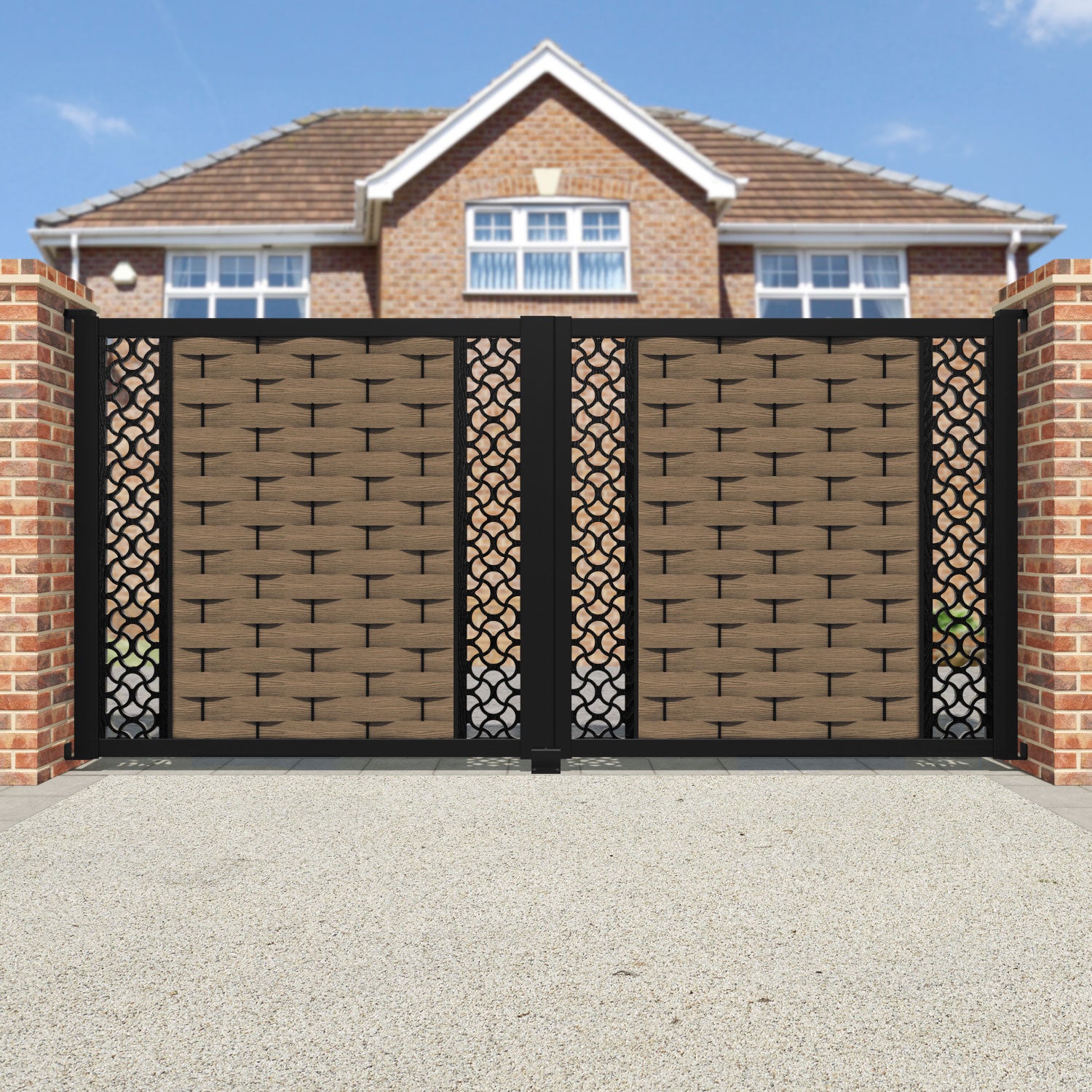 Ripple Vida Straight Top Driveway Gate - Teak - Middle & End Screen