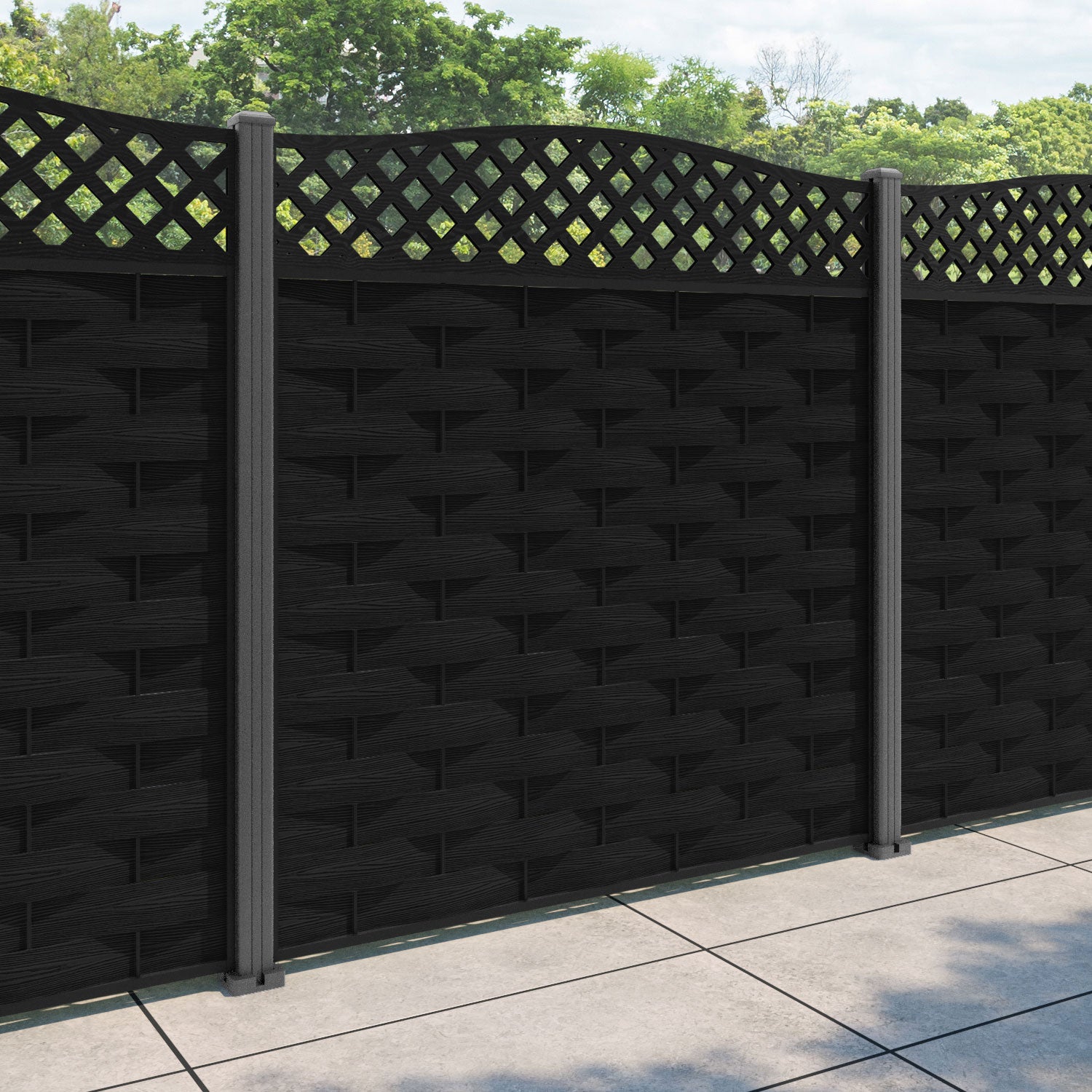 Ripple High Wave Curved Top Fence Panel - Black - with our aluminium posts