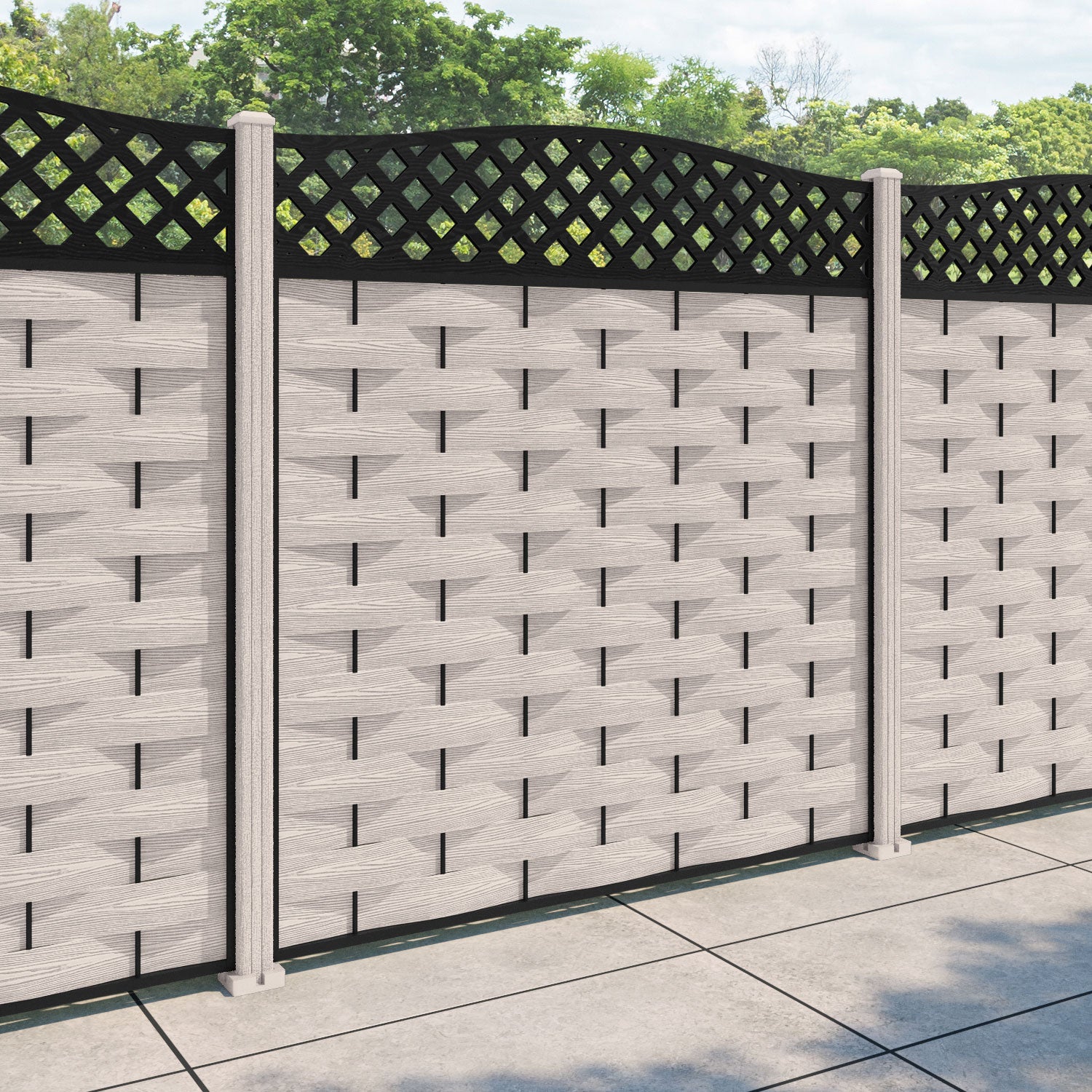 Ripple High Wave Curved Top Fence Panel - Mid Stone - with our composite posts