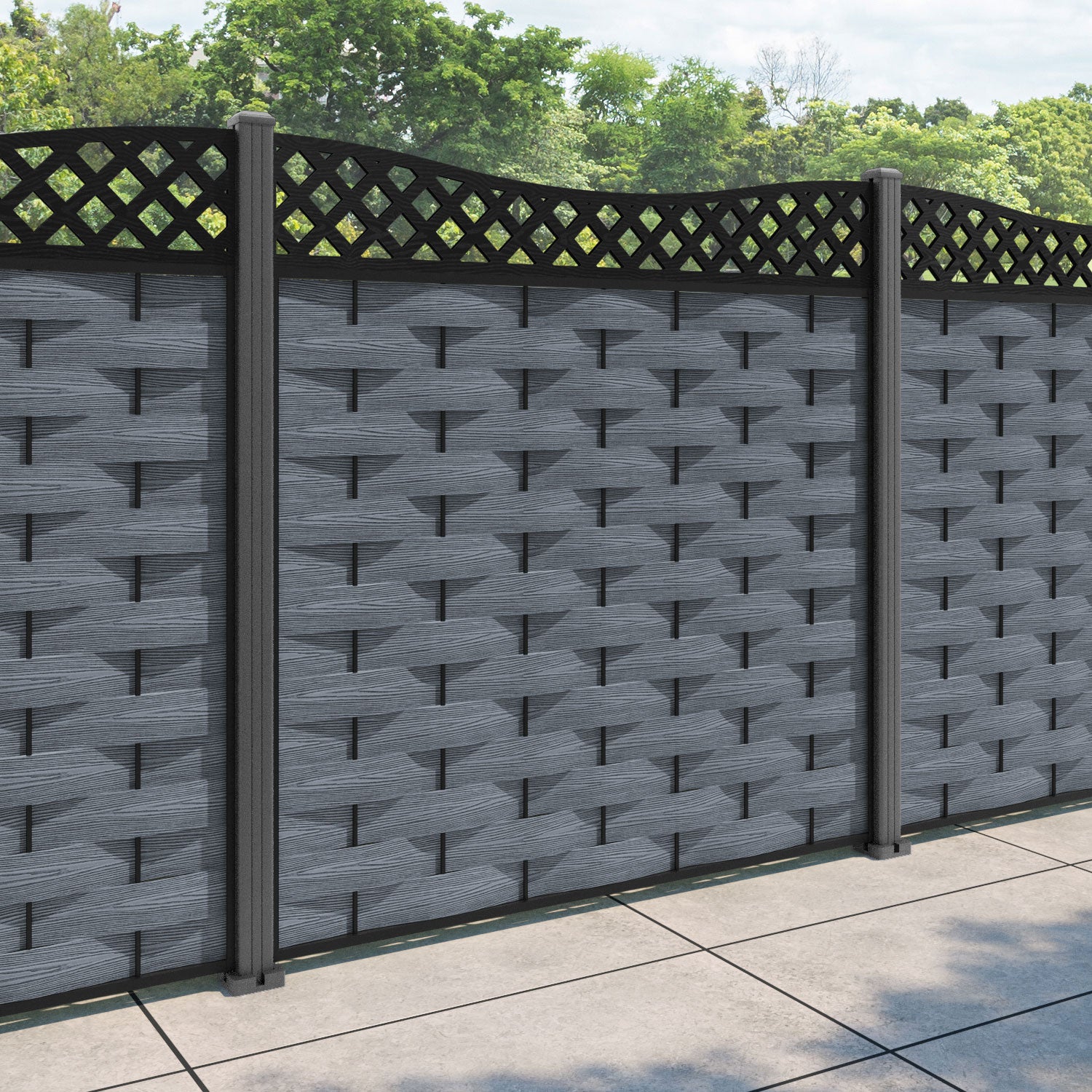 Ripple Low Wave Curved Top Fence Panel - Anthracite - with our aluminium posts