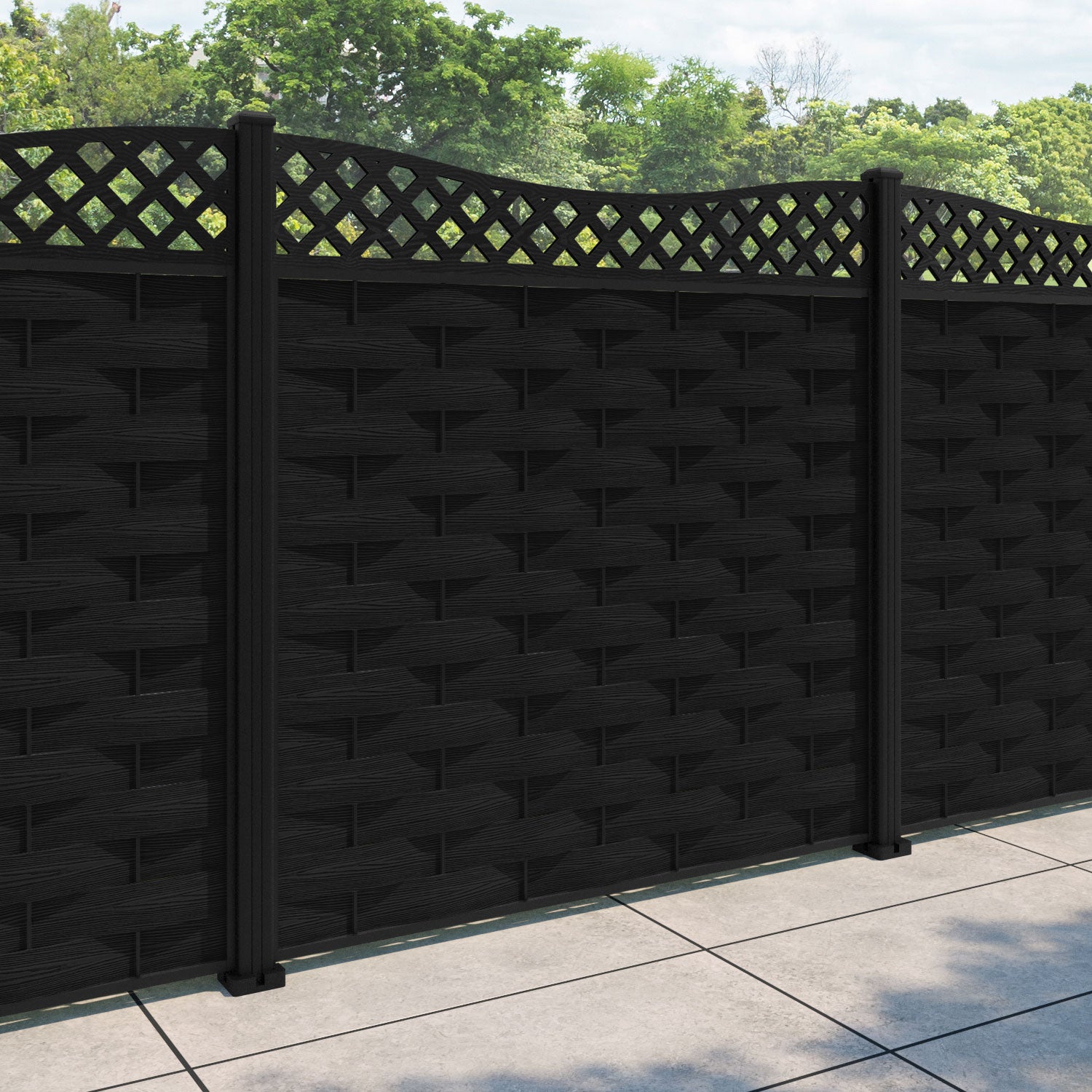 Ripple Low Wave Curved Top Fence Panel - Black - with our aluminium posts