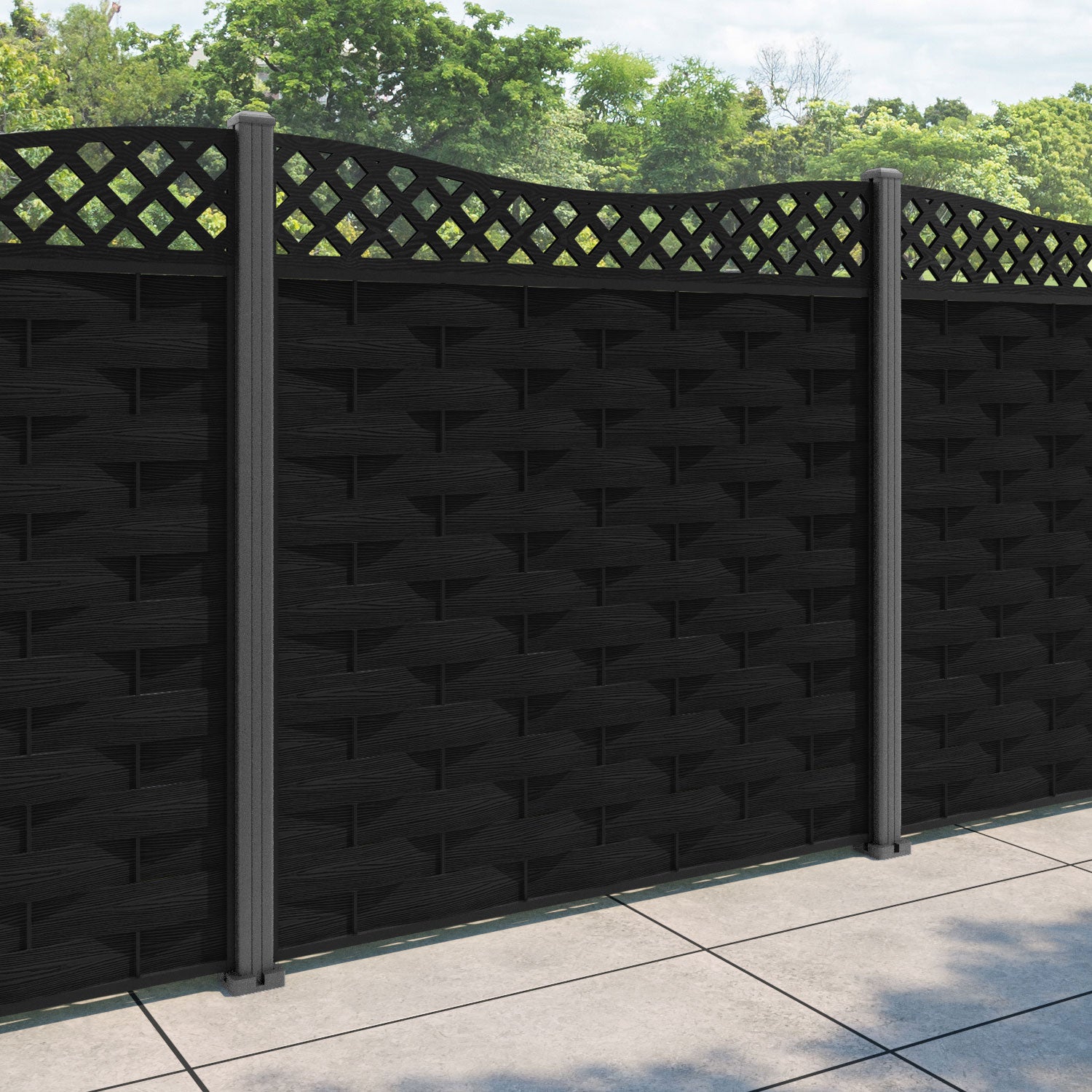 Ripple Low Wave Curved Top Fence Panel - Black - with our aluminium posts