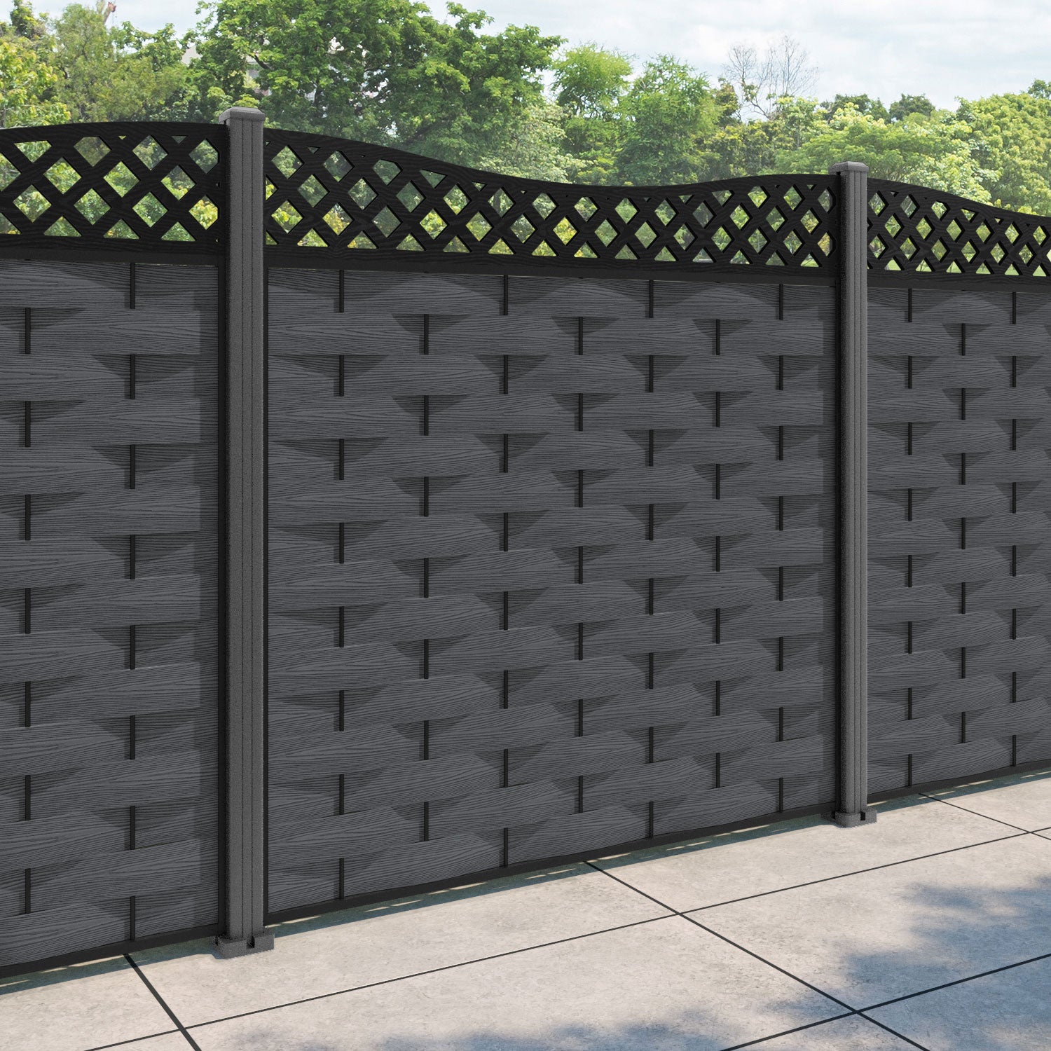 Ripple Low Wave Fence Panel - Dark Grey - with our aluminium posts
