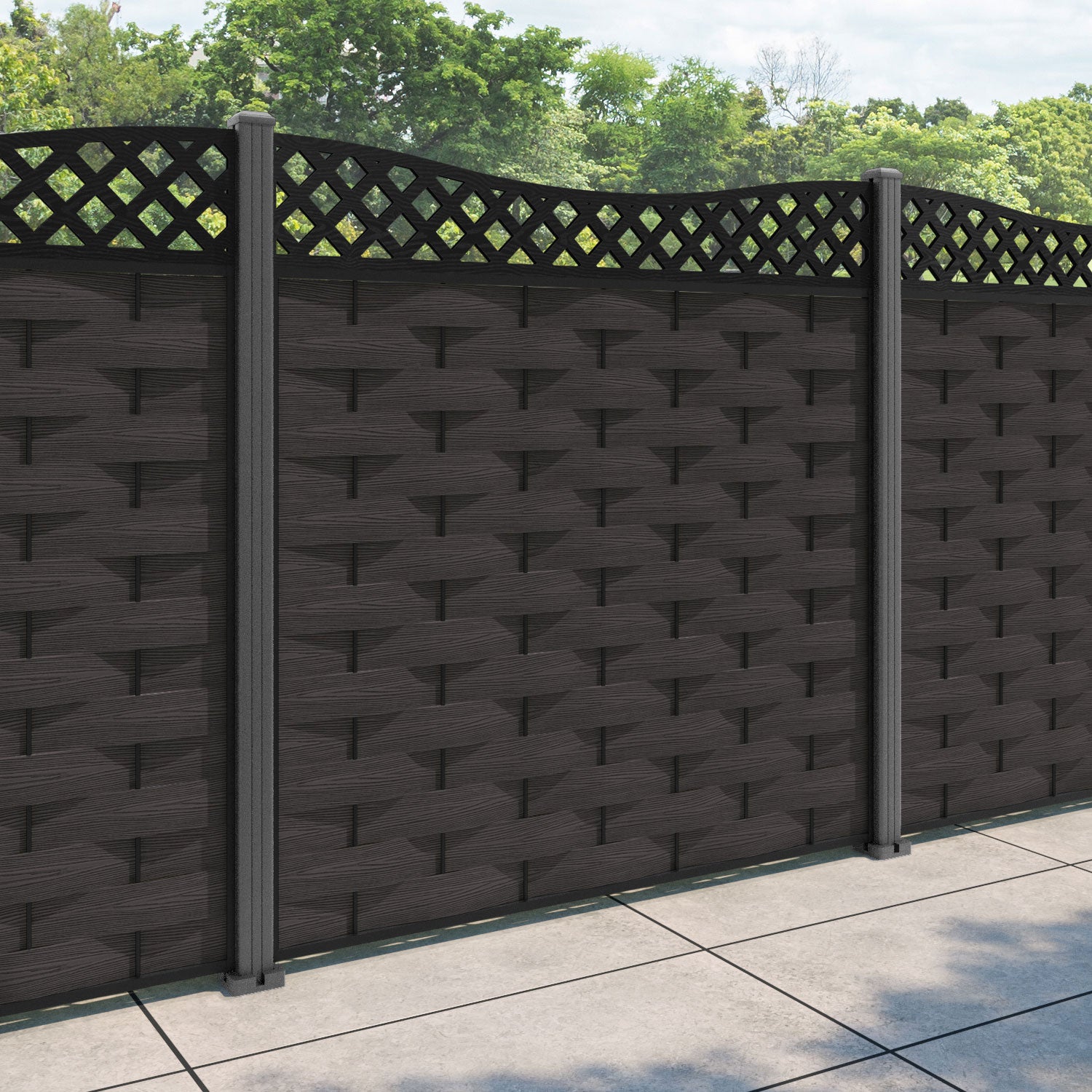 Ripple Low Wave Fence Panel - Dark Oak - with our aluminium posts