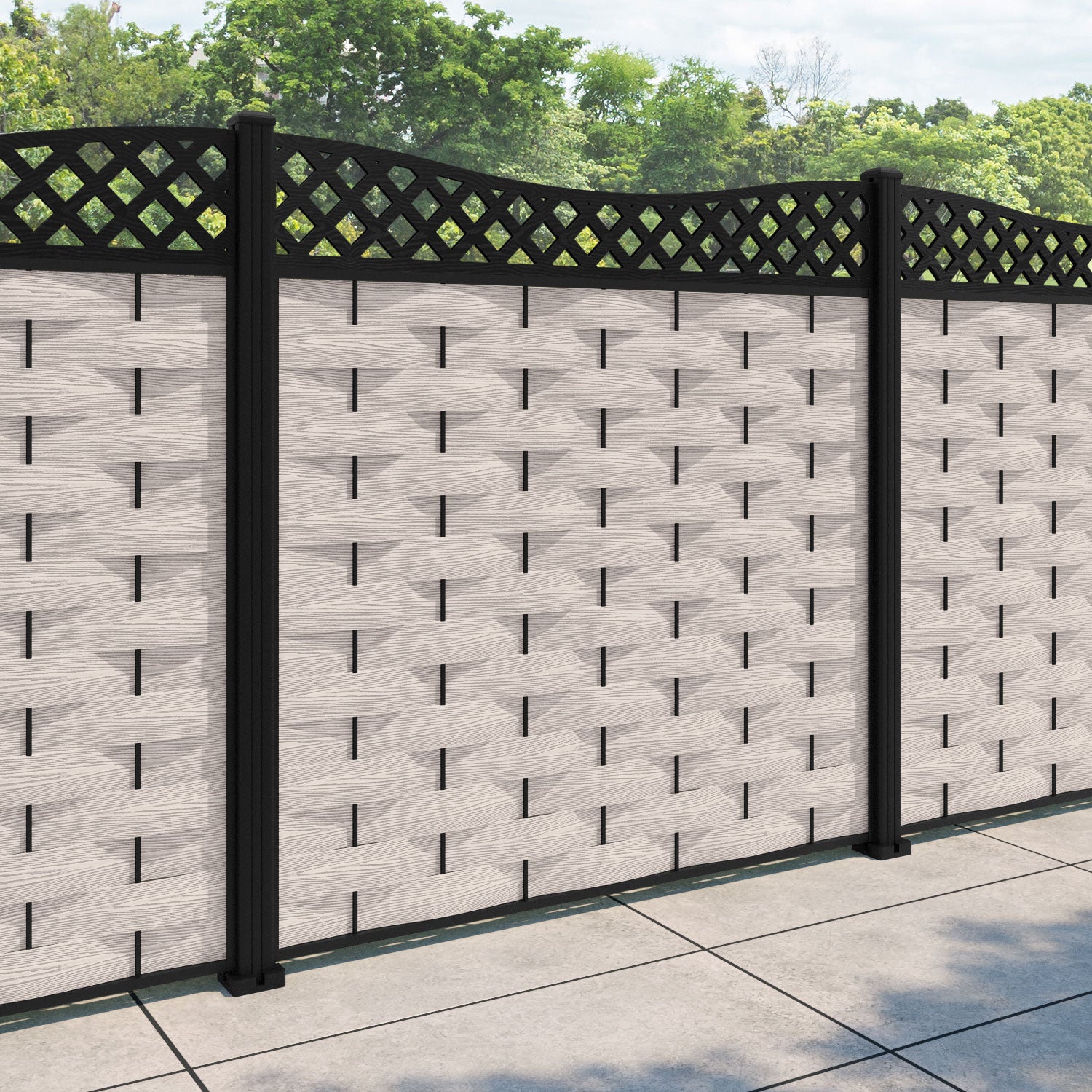 Ripple Low Wave Curved Top Fence Panel - Mid Stone - with our aluminium posts