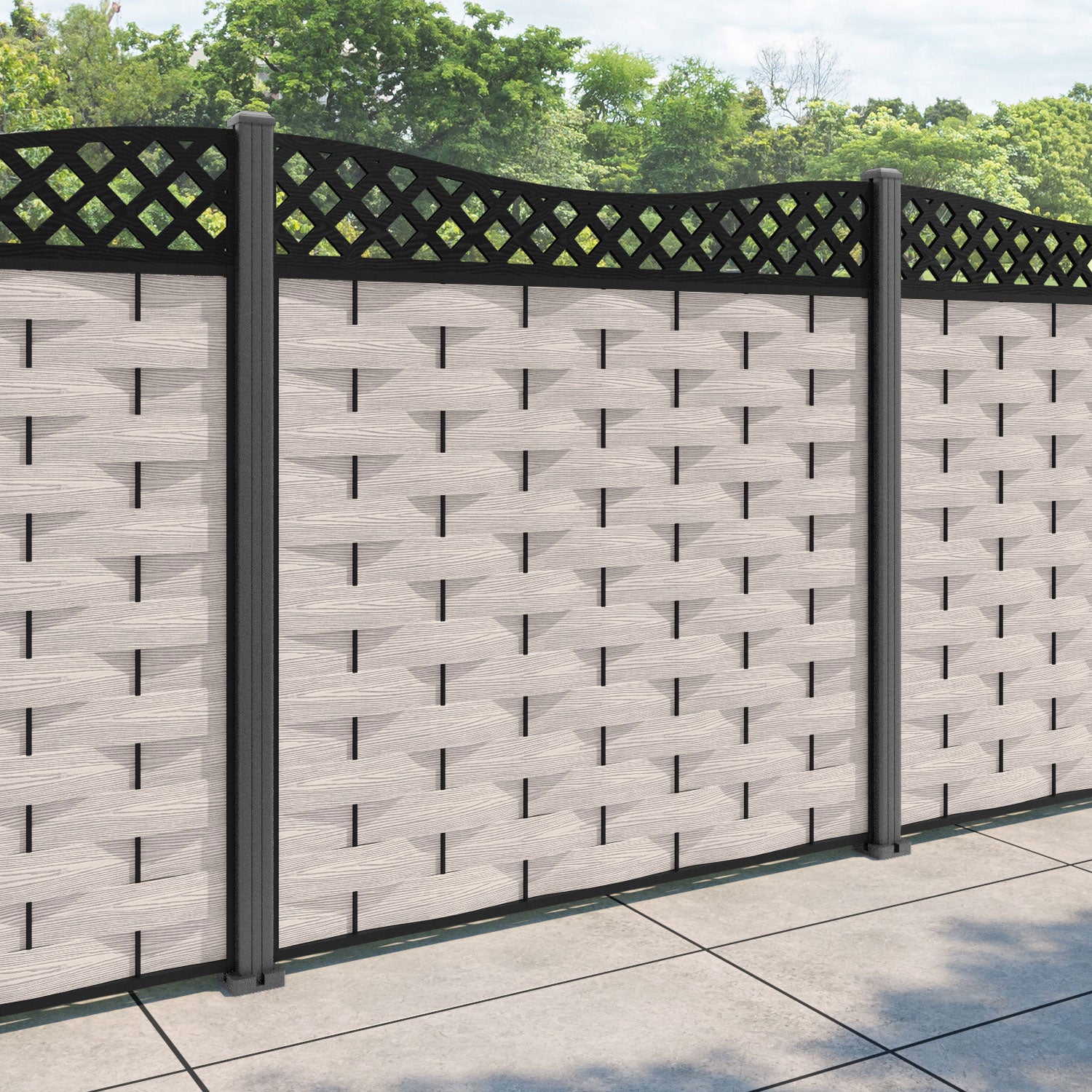 Ripple Low Wave Curved Top Fence Panel - Mid Stone - with our aluminium posts