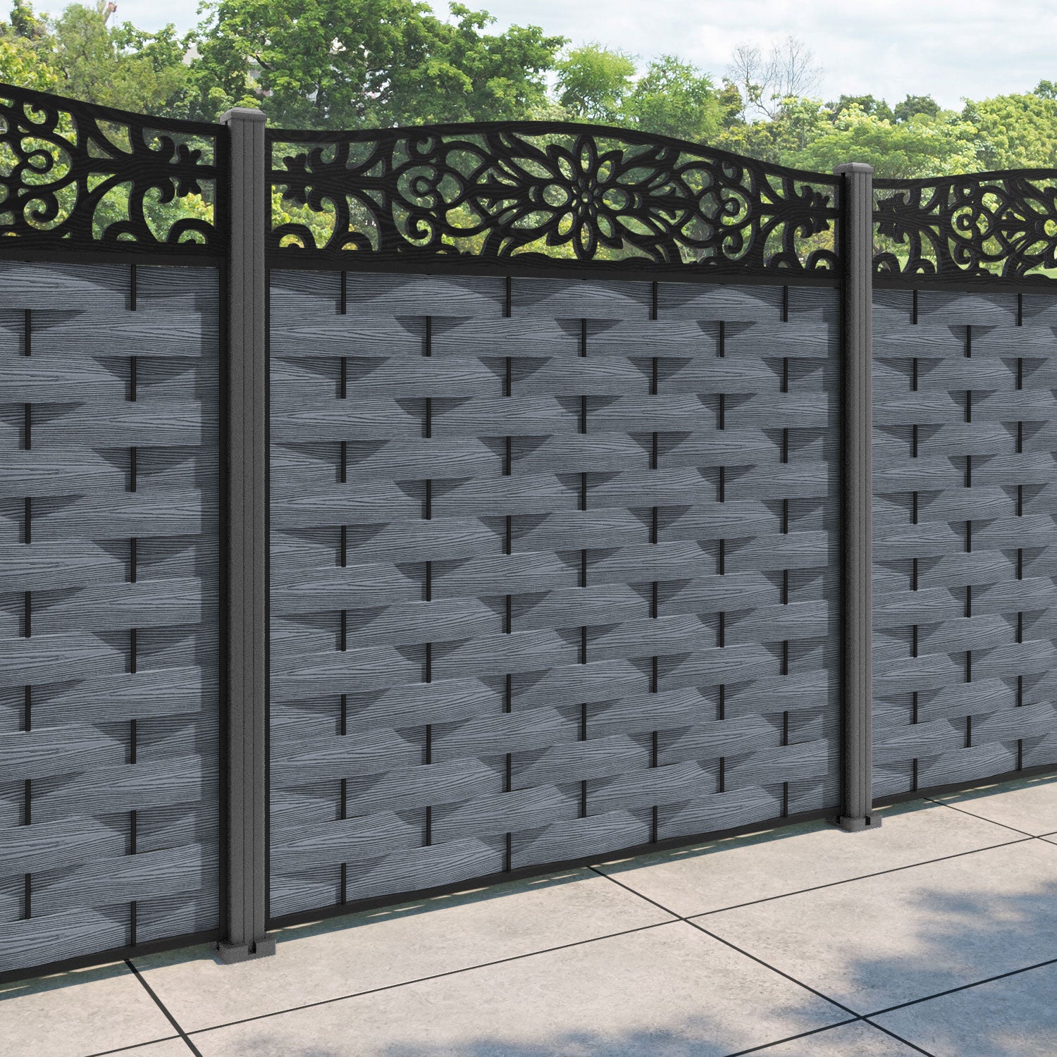 Ripple Windsor Curved Top Fence Panel - Anthracite - with our aluminium posts