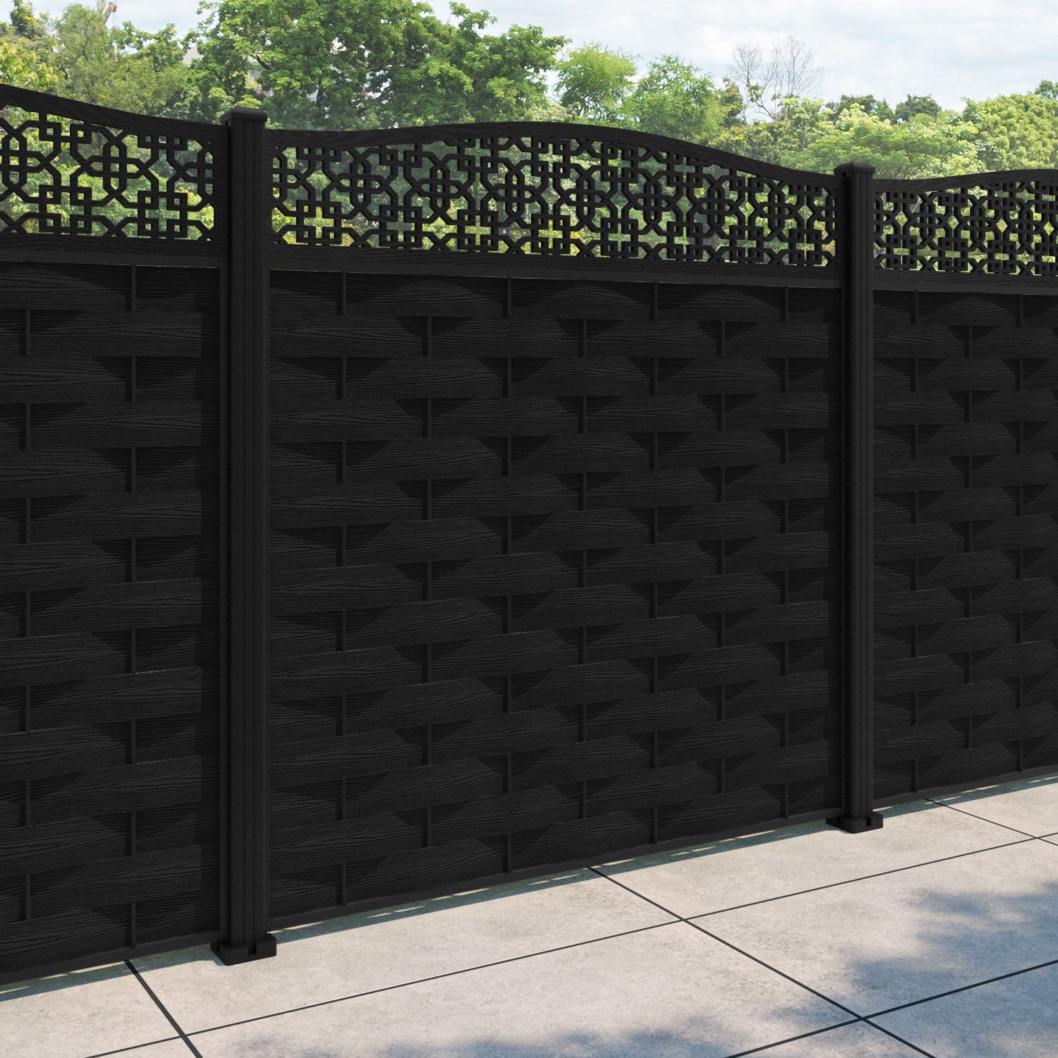 Ripple Zaria Curved Top Fence Panel - Black - with our aluminium posts