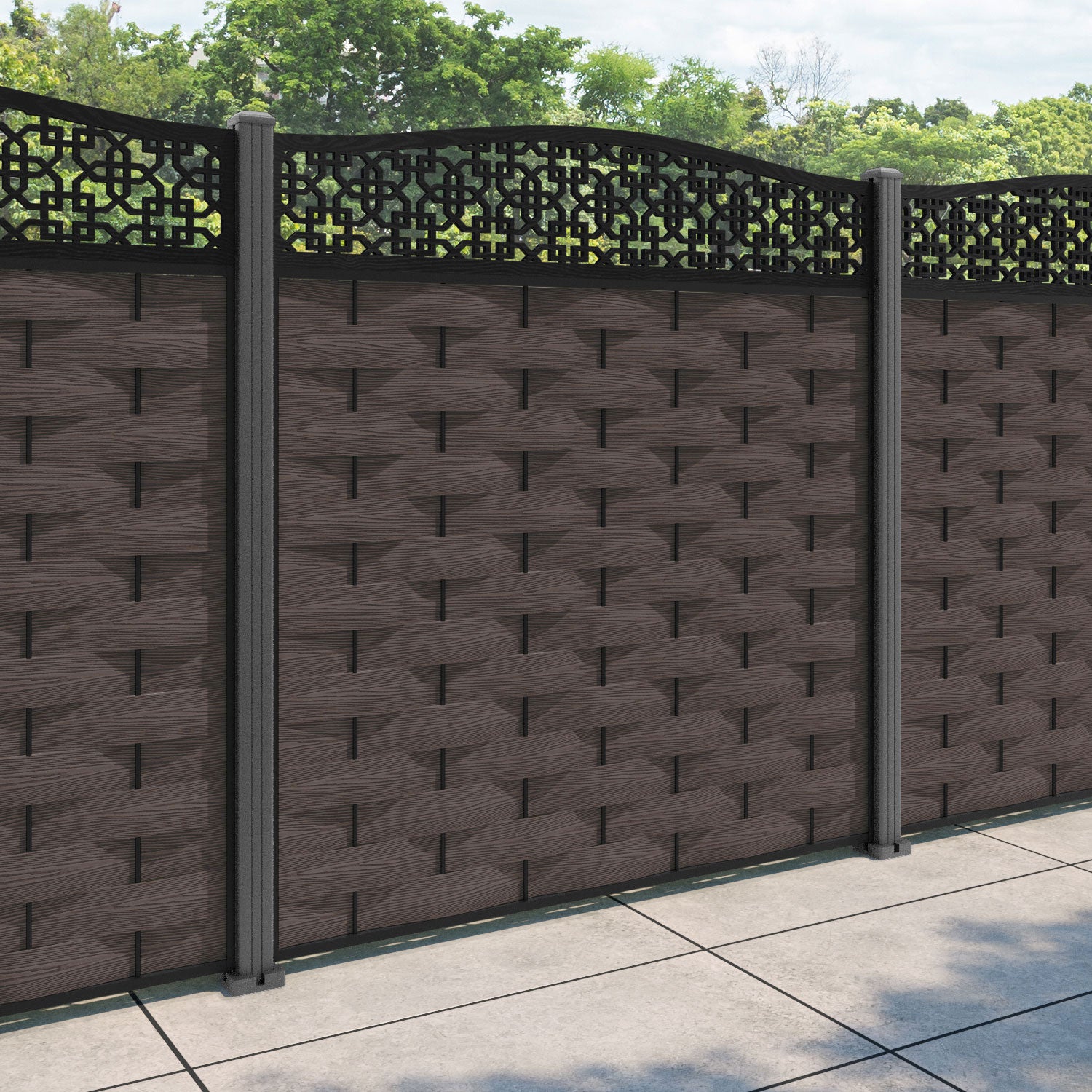 Ripple Zaria Curved Top Fence Panel - Mid Brown - with our aluminium posts