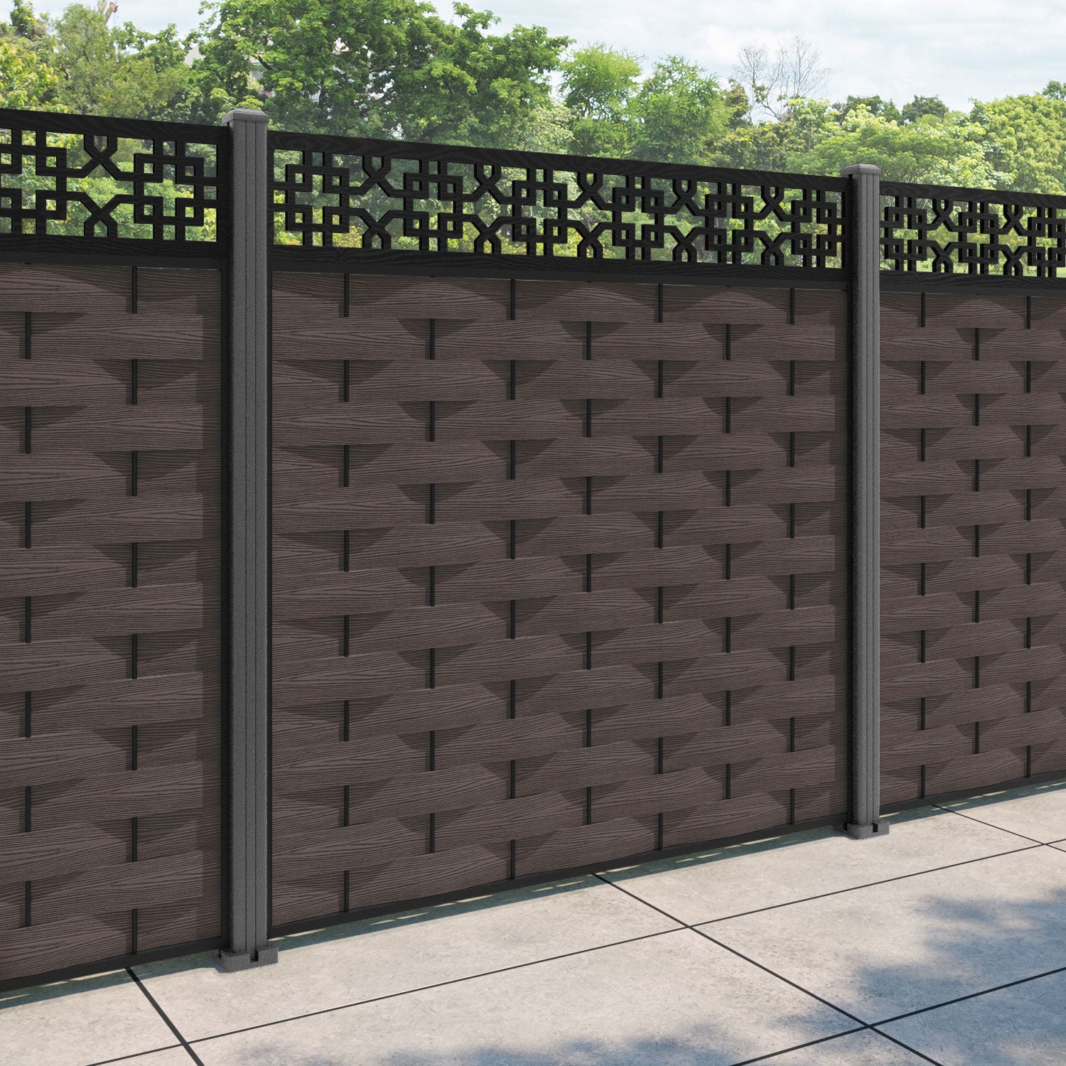 Ripple Zaria Fence Panel - Mid Brown - with our aluminium posts