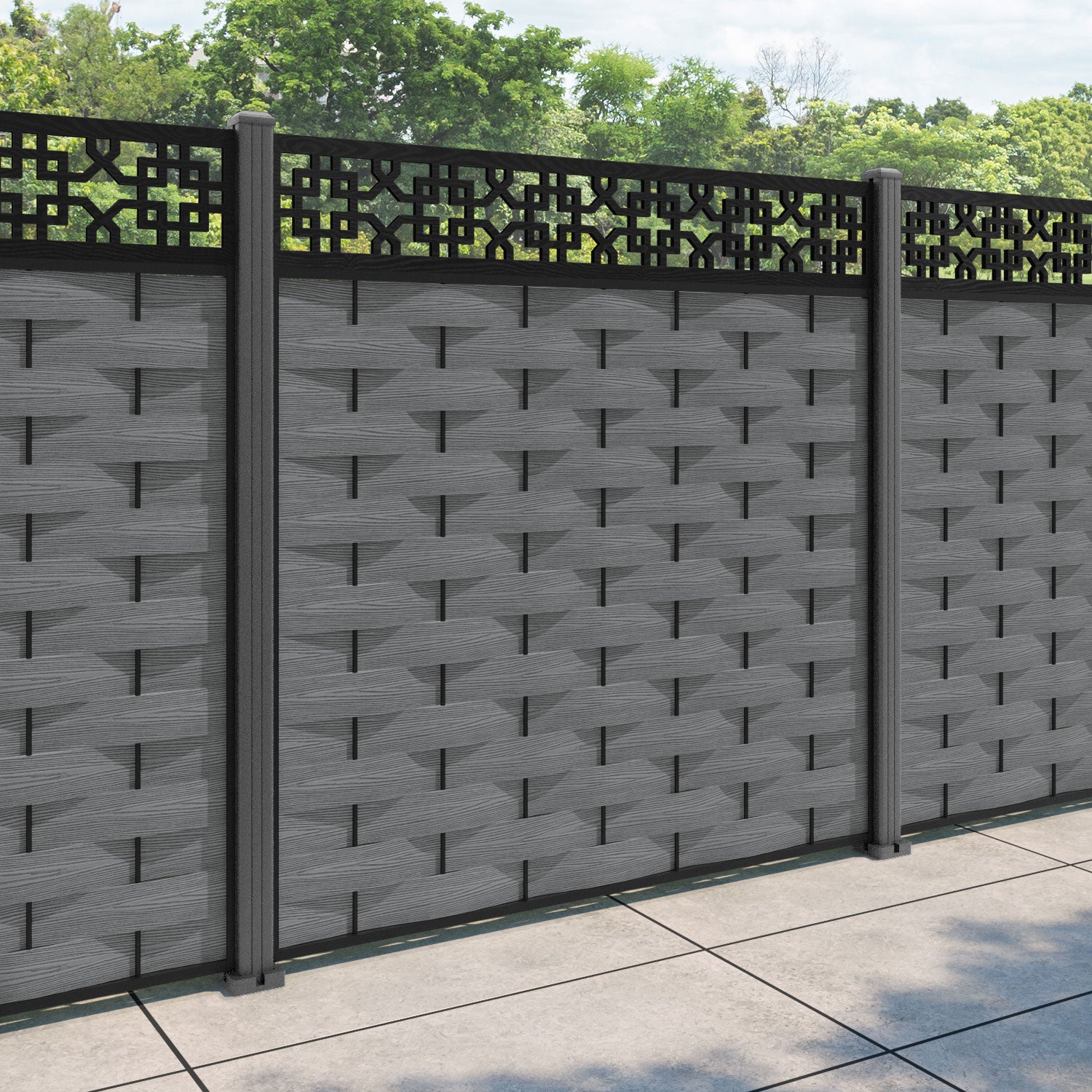 Ripple Zaria Fence Panel - Mid Grey - with our aluminium posts