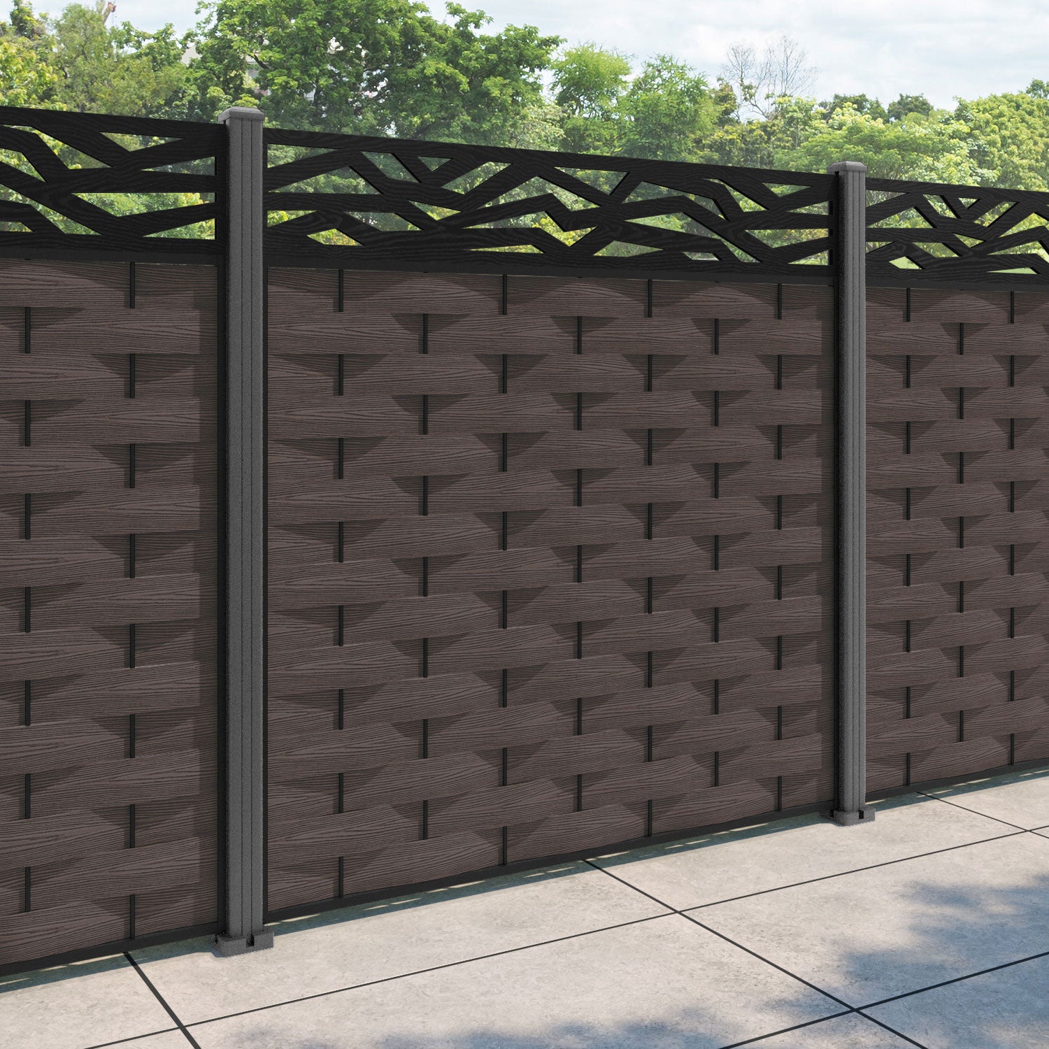 Ripple Zenith Fence Panel - Mid Brown - with our aluminium posts