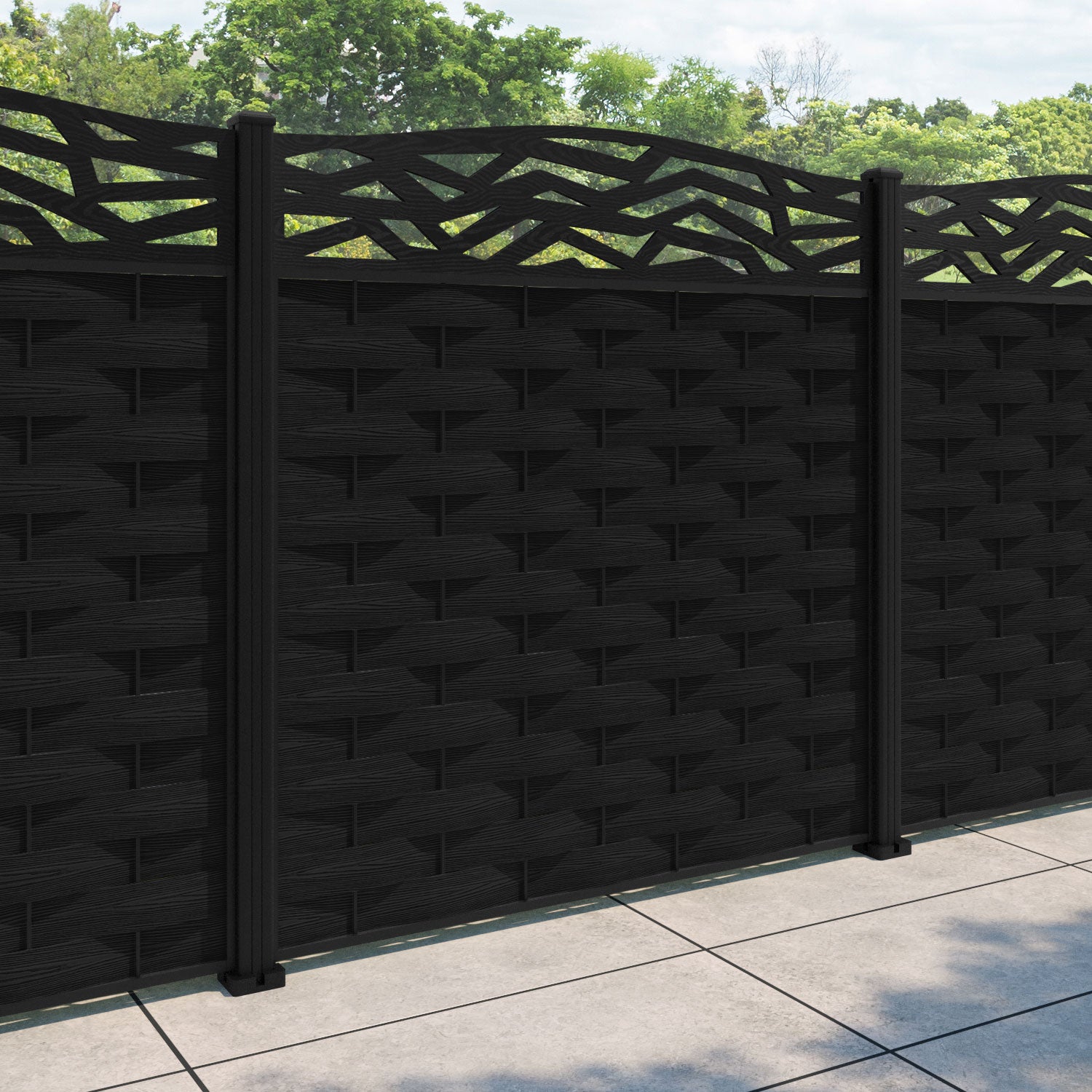 Ripple Zenith Curved Top Fence Panel - Black - with our aluminium posts