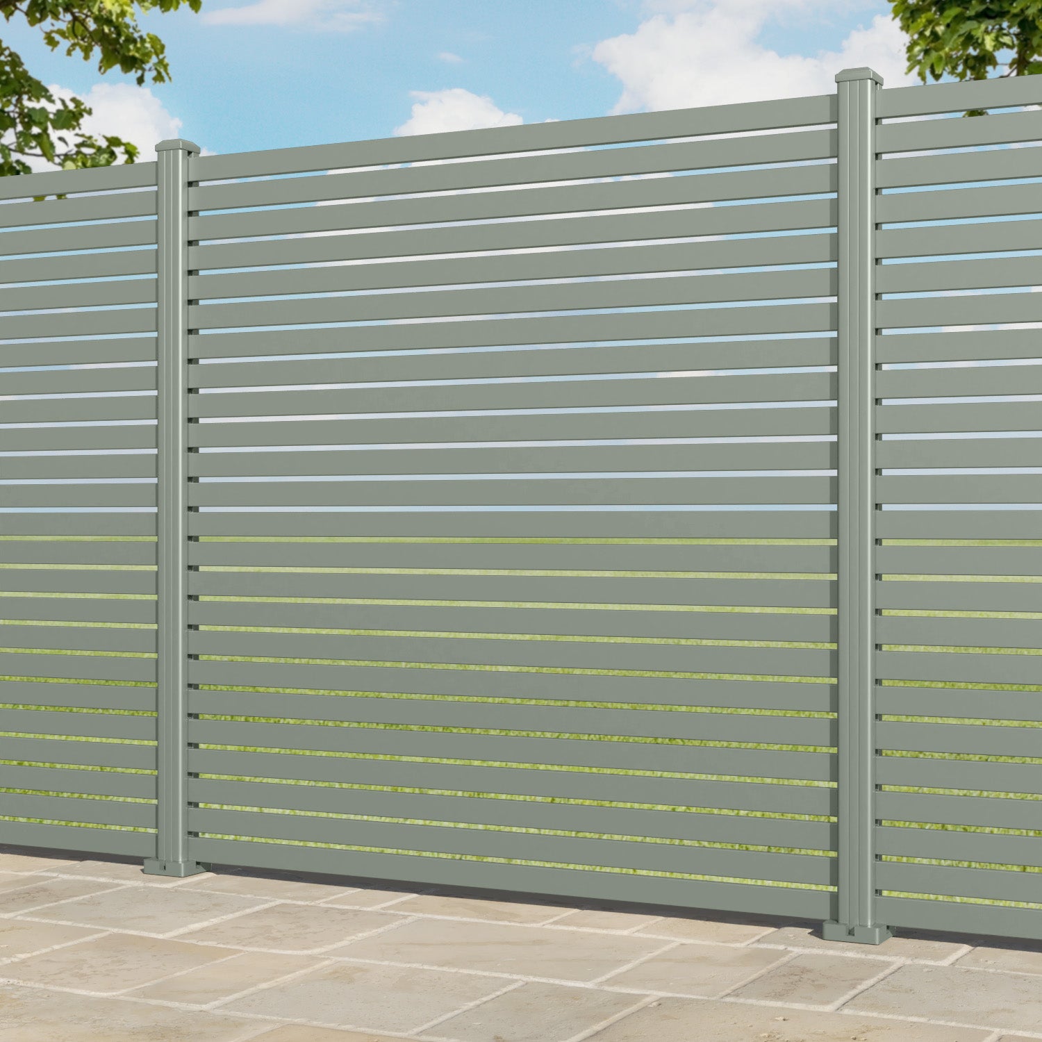 Aria Aluminium Fence Panel - Sage - with our aluminium posts