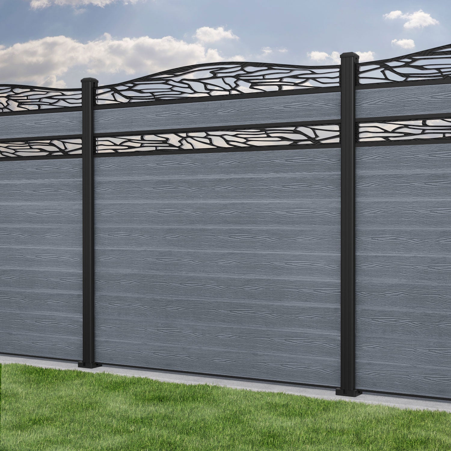 Classic Shatter Curved Top Split Screen Fence Panel - Anthracite - with our aluminium posts