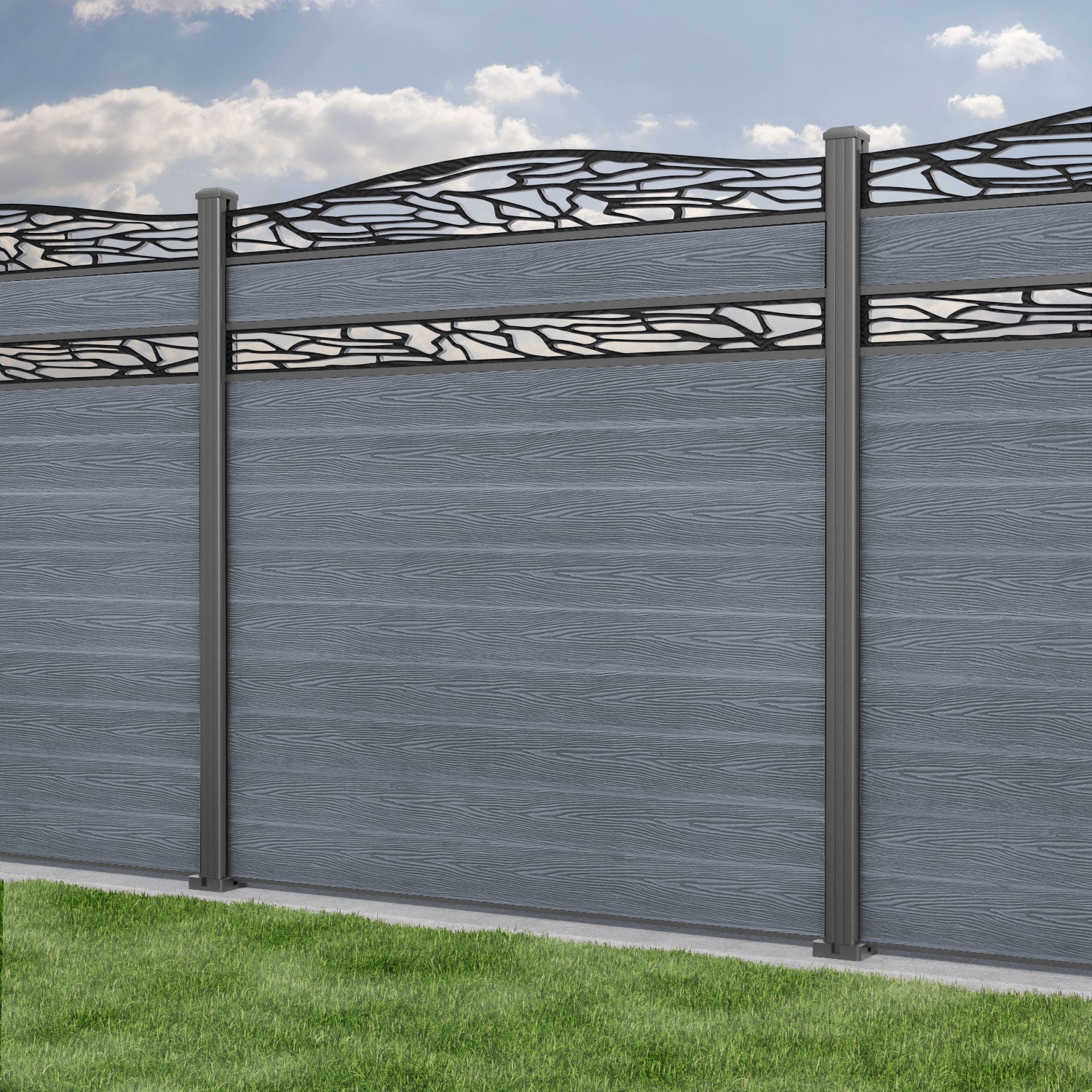 Classic Shatter Curved Top Split Screen Fence Panel - Anthracite - with our aluminium posts
