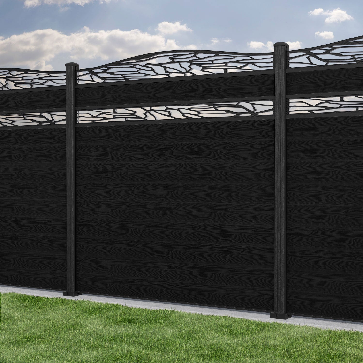 Classic Shatter Curved Top Split Screen Fence Panel - Black - with our composite posts