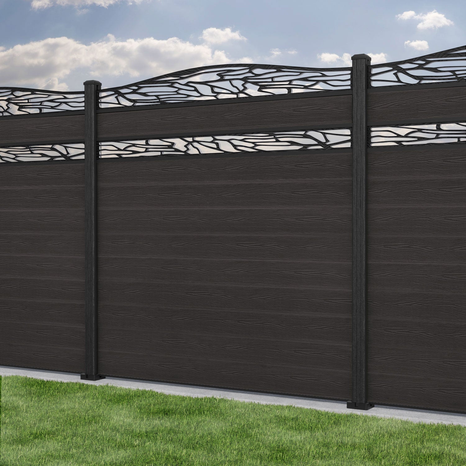 Classic Shatter Curved Top Split Screen Fence Panel - Dark Oak - with our composite posts