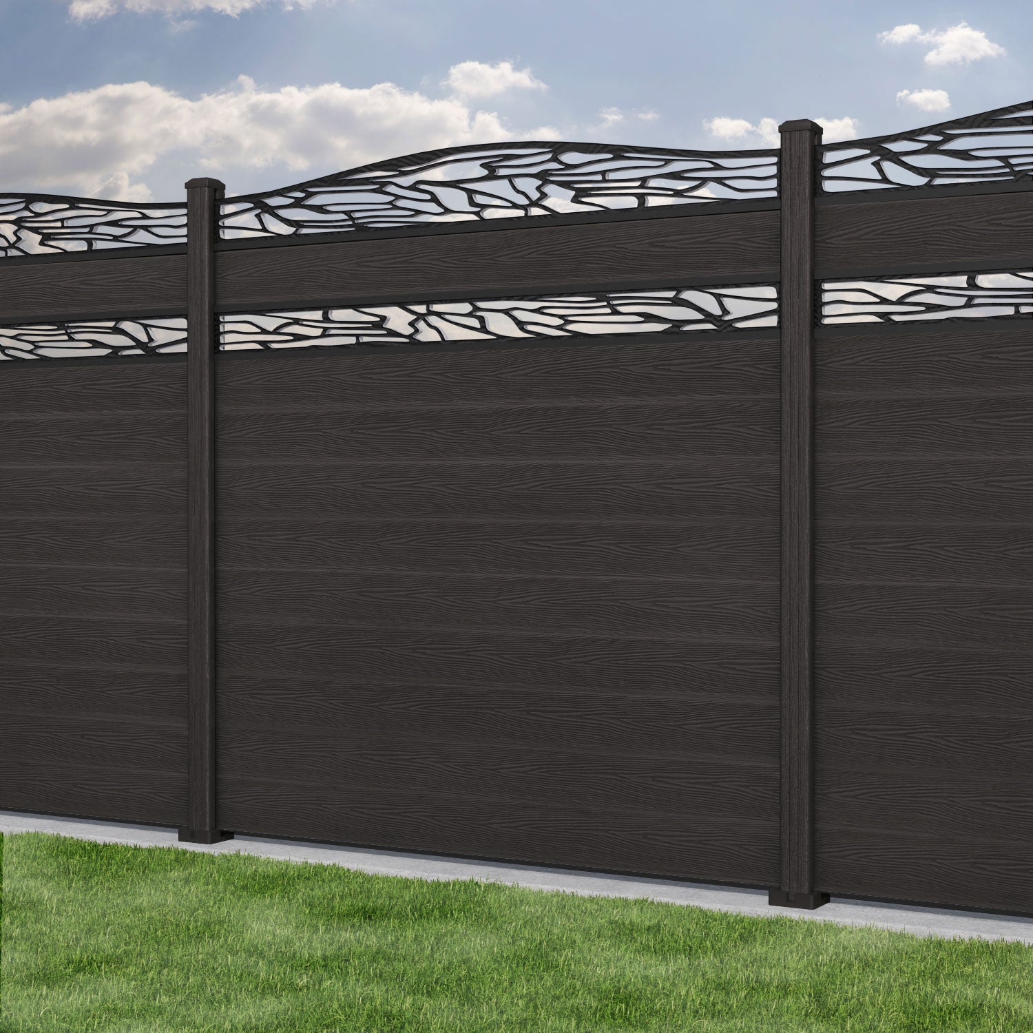Classic Shatter Curved Top Split Screen Fence Panel - Dark Oak - with our composite posts