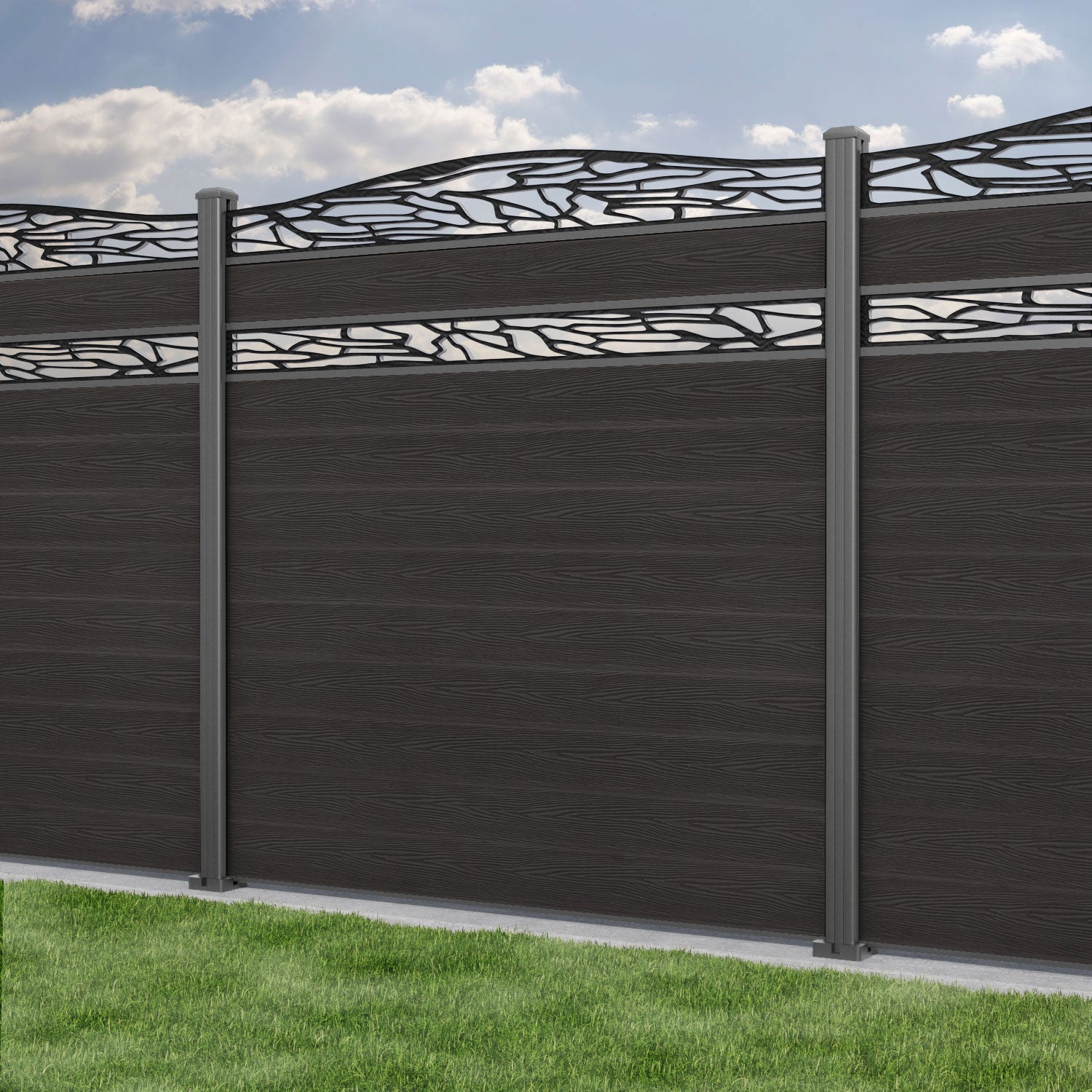Classic Shatter Curved Top Split Screen Fence Panel - Dark Oak - with our aluminium posts