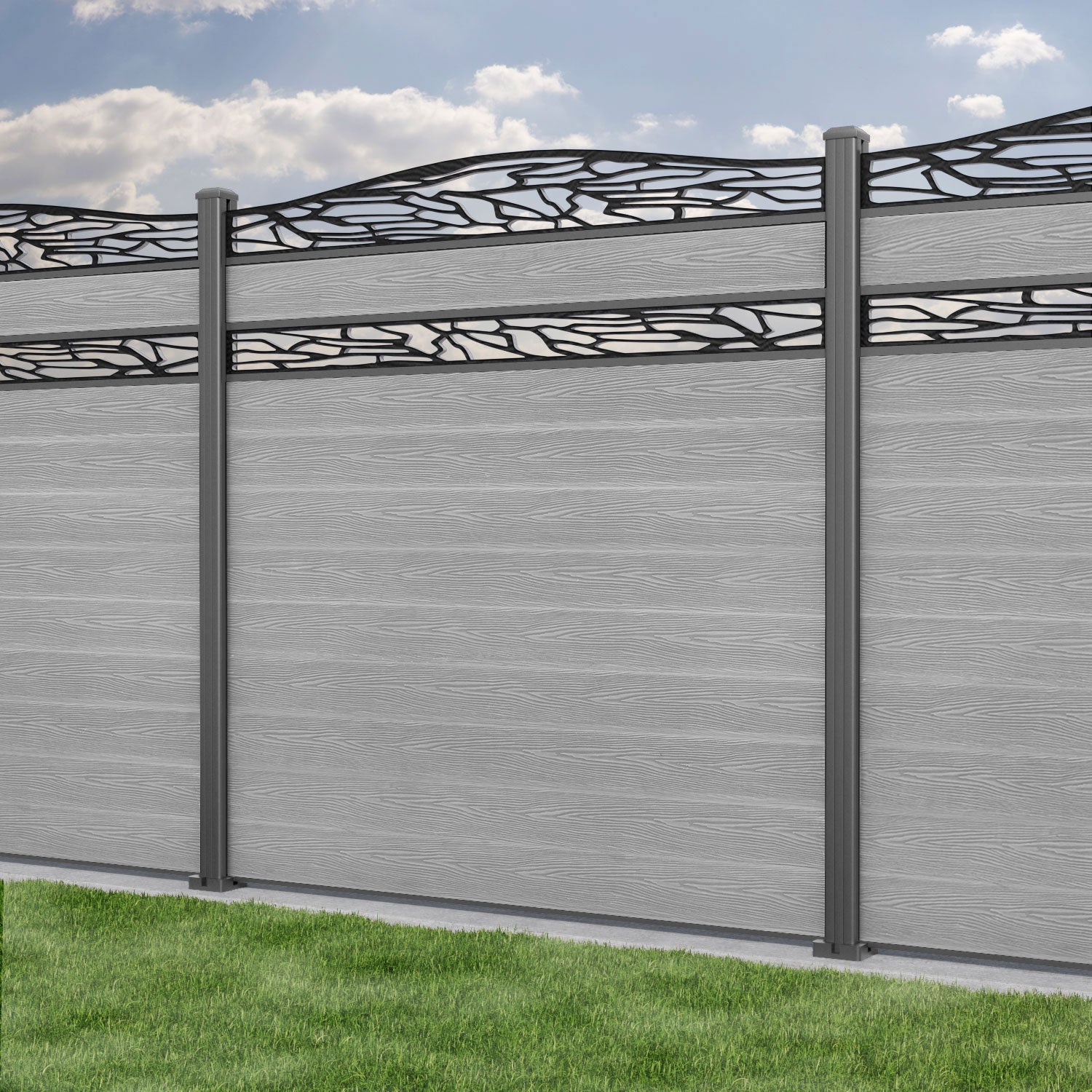 Classic Shatter Curved Top Split Screen Fence Panel - Light Grey - with our aluminium posts
