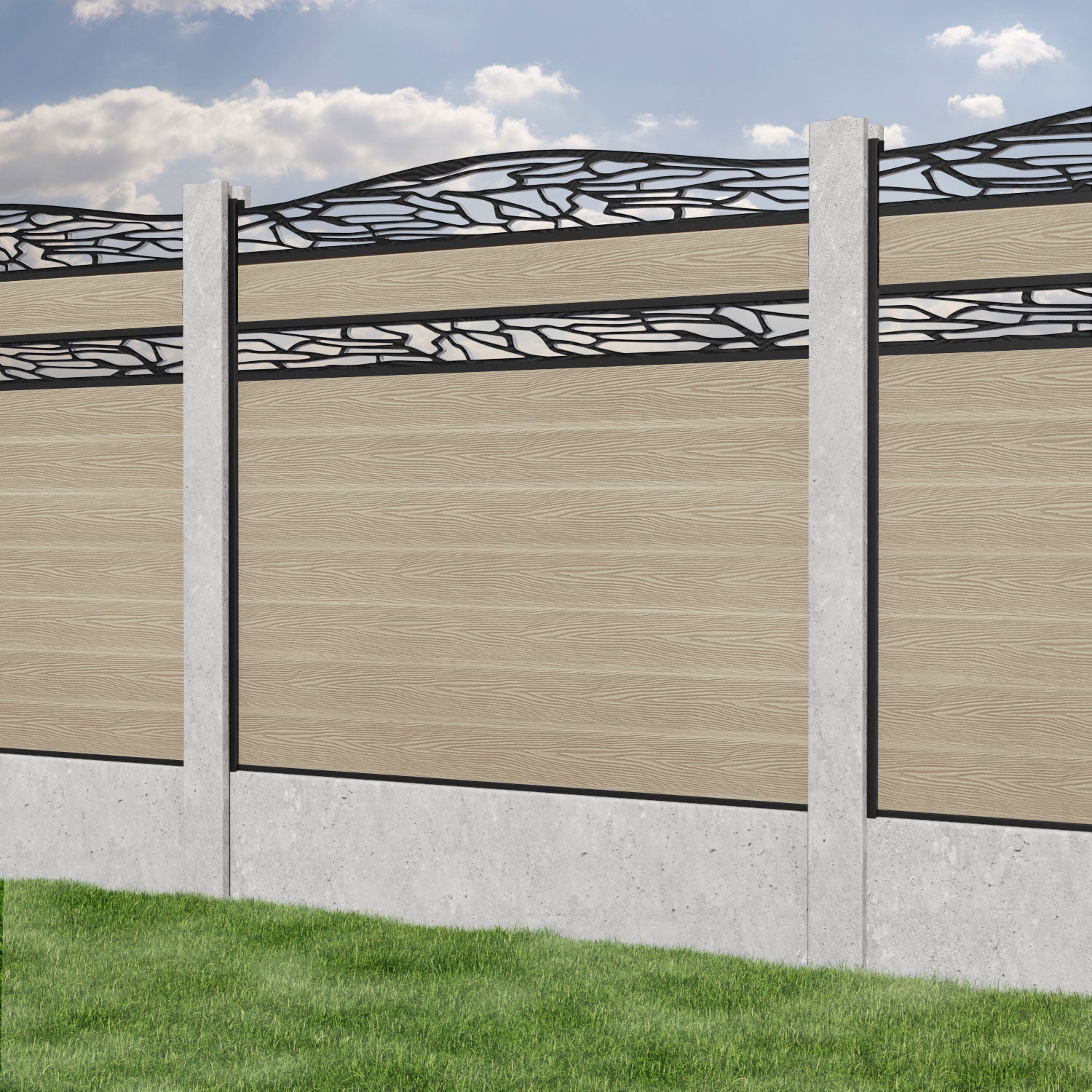 Classic Shatter Curved Top Split Screen Fence Panel - Light Oak - for existing concrete posts
