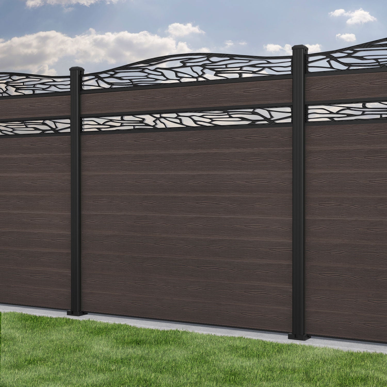 Classic Shatter Curved Top Split Screen Fence Panel - Mid Brown - with our aluminium posts