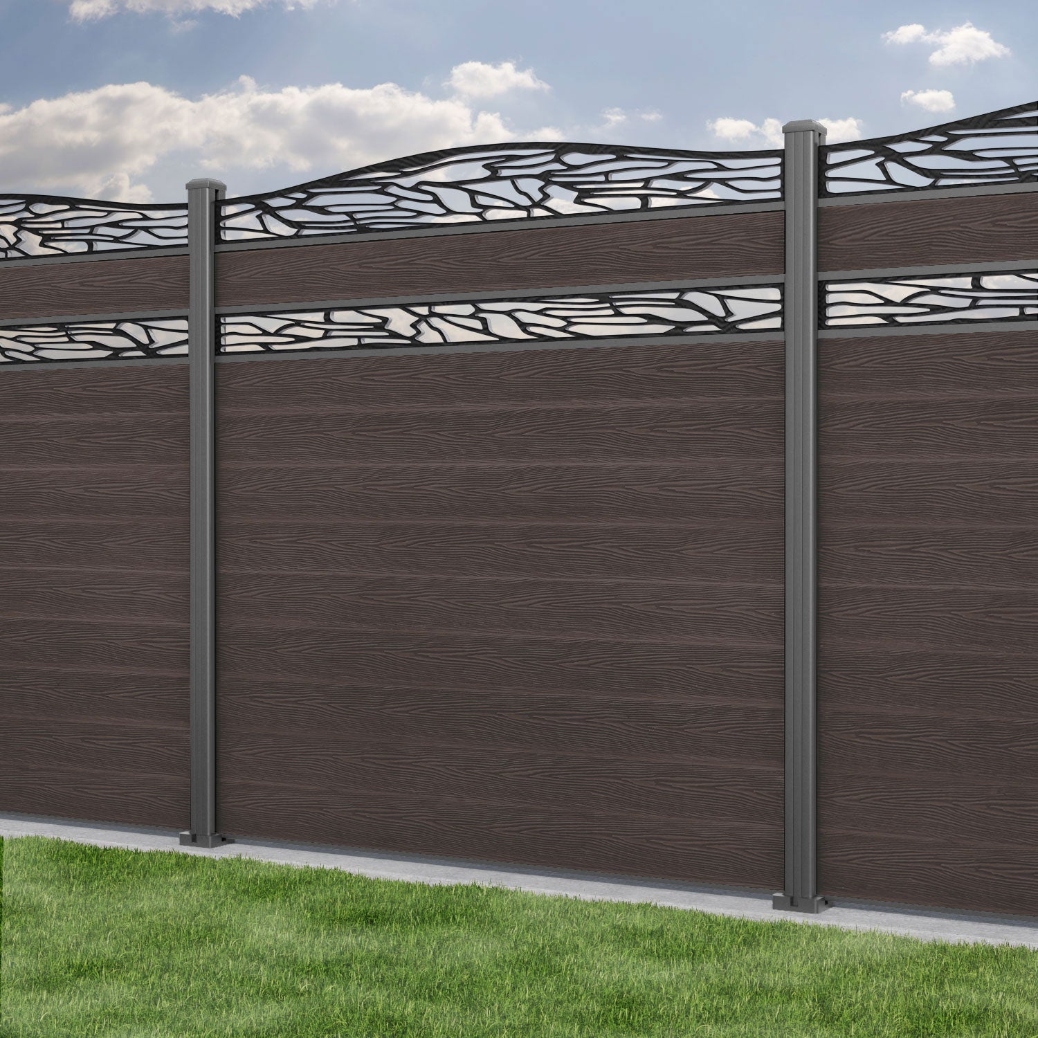 Classic Shatter Curved Top Split Screen Fence Panel - Mid Brown - with our aluminium posts