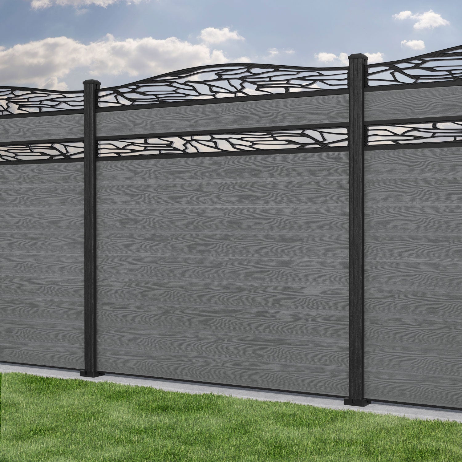 Classic Shatter Curved Top Split Screen Fence Panel - Mid Grey - with our composite posts