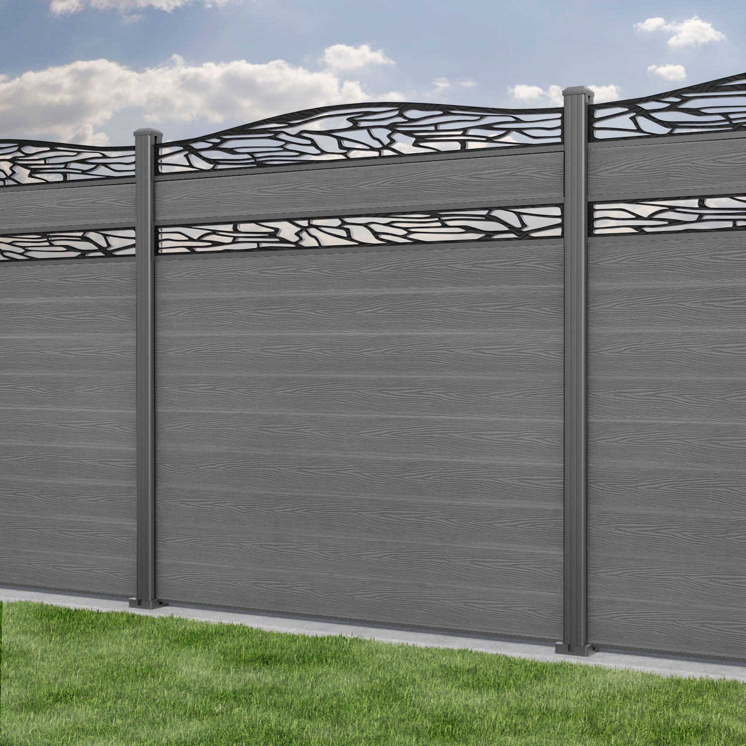 Classic Shatter Curved Top Split Screen Fence Panel - Mid Grey - with our aluminium posts