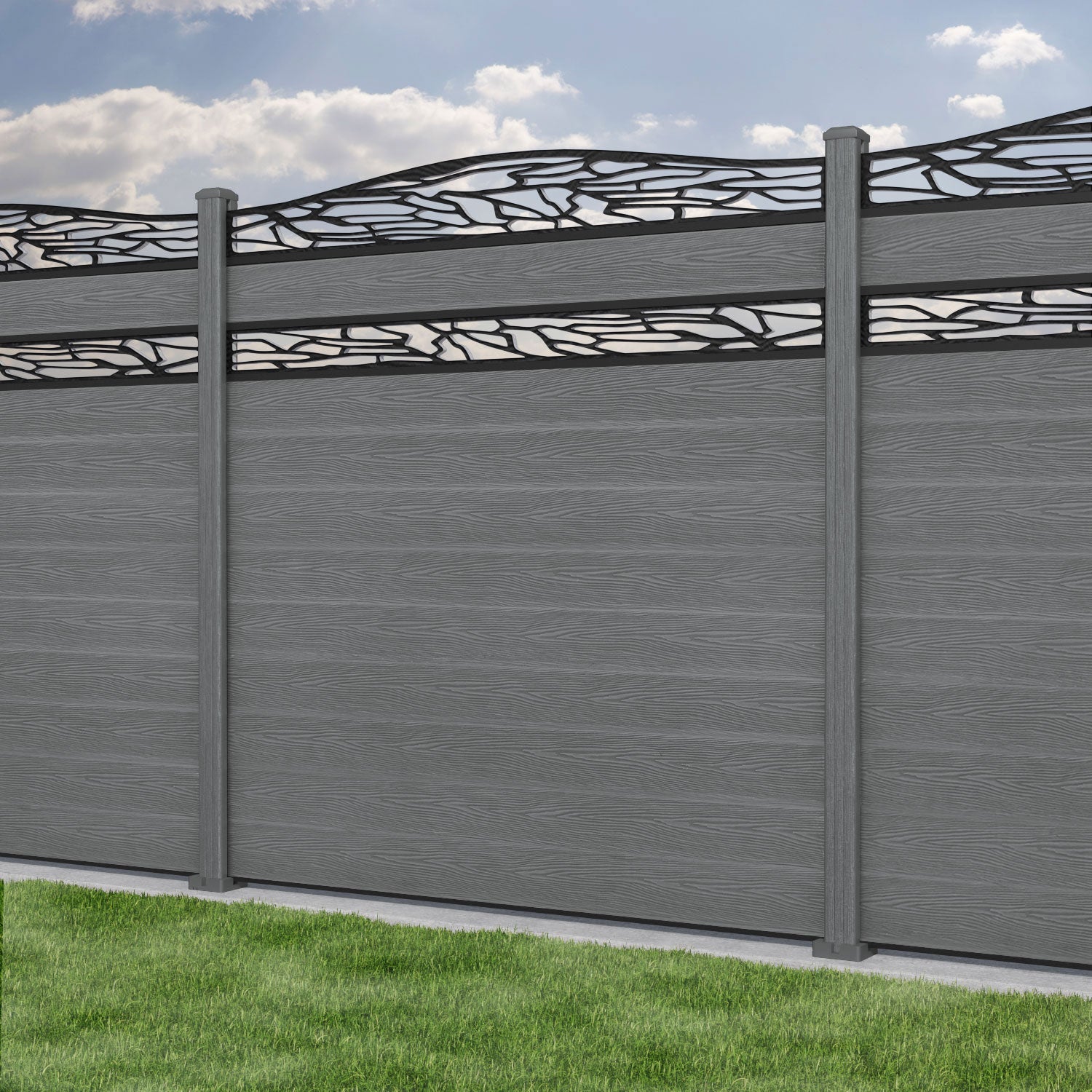 Classic Shatter Curved Top Split Screen Fence Panel - Mid Grey - with our composite posts