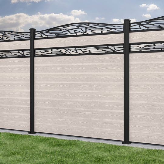 Classic Shatter Curved Top Split Screen Fence Panel - Mid Stone - with our aluminium posts