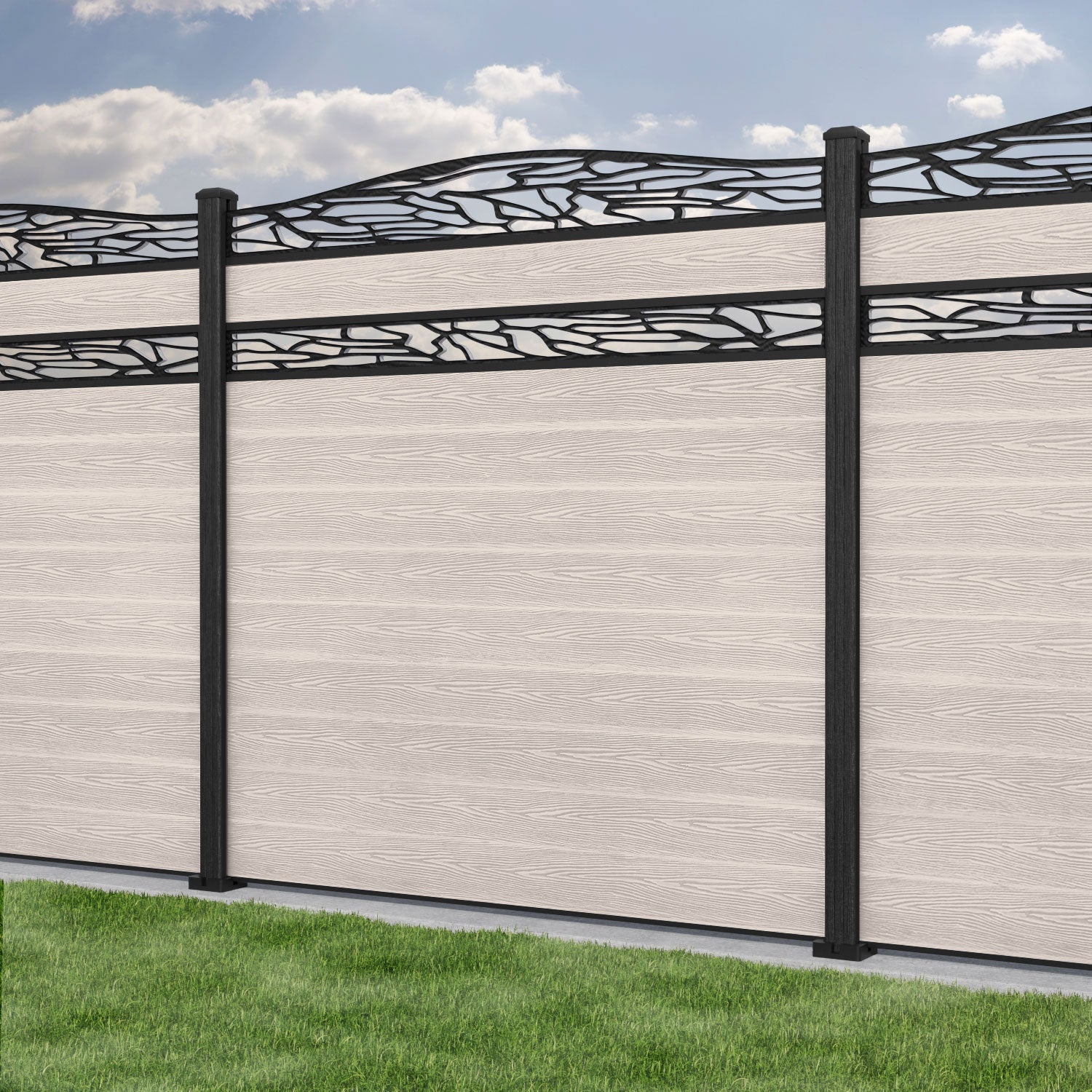 Classic Shatter Curved Top Split Screen Fence Panel - Mid Stone - with our composite posts