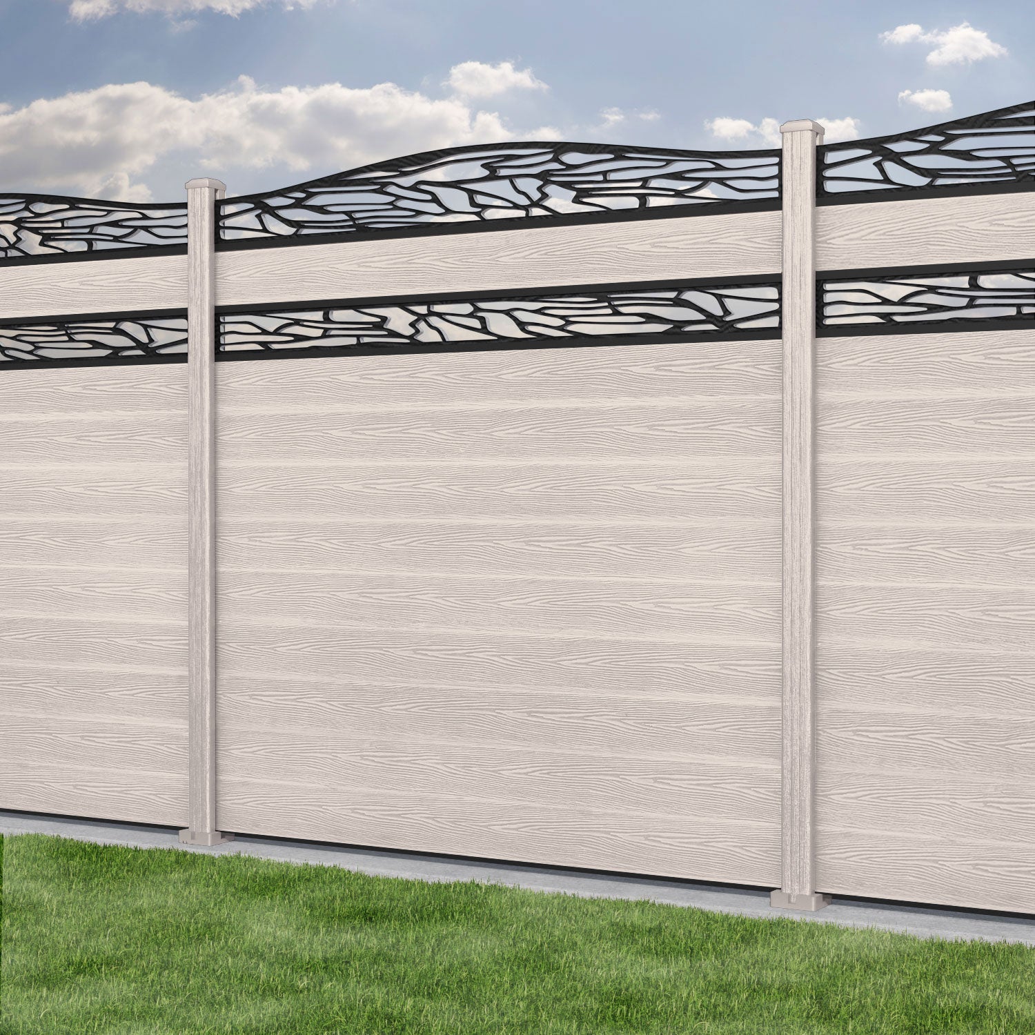 Classic Shatter Curved Top Split Screen Fence Panel - Mid Stone - with our composite posts