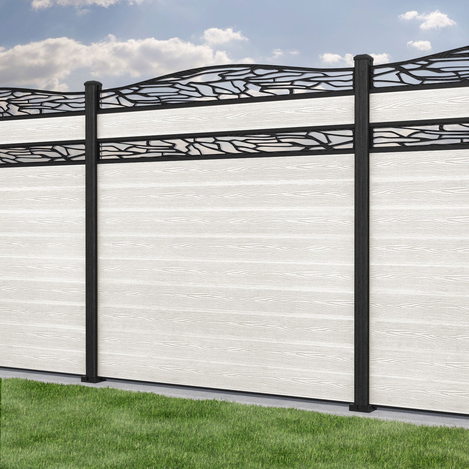 Classic Shatter Curved Top Split Screen Fence Panel - Light Stone - with our composite posts