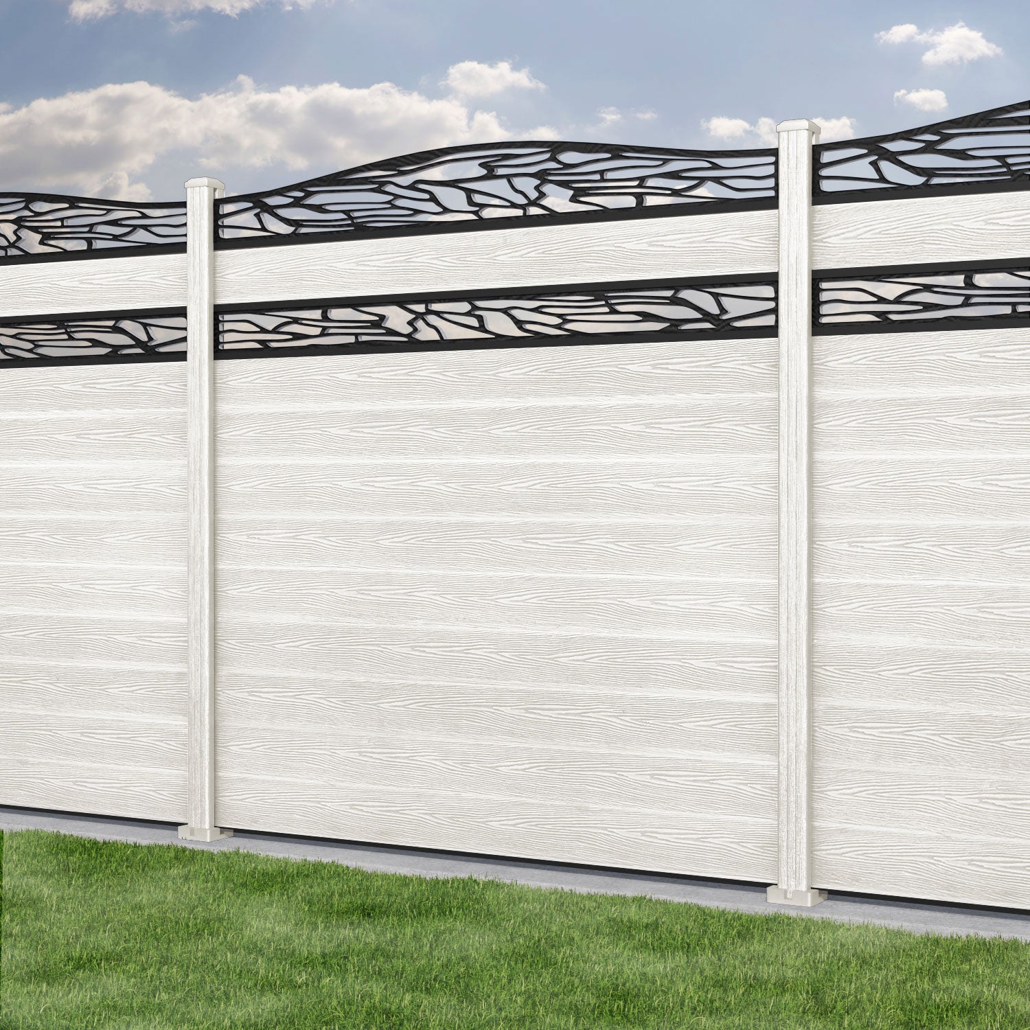 Classic Shatter Curved Top Split Screen Fence Panel - Light Stone - with our composite posts