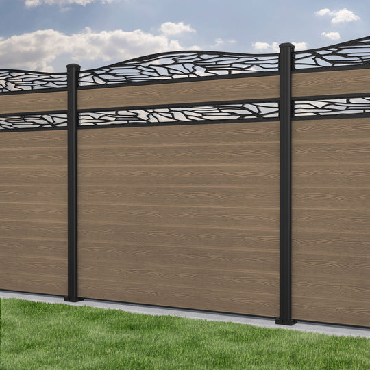 Classic Shatter Curved Top Split Screen Fence Panel - Teak - with our aluminium posts