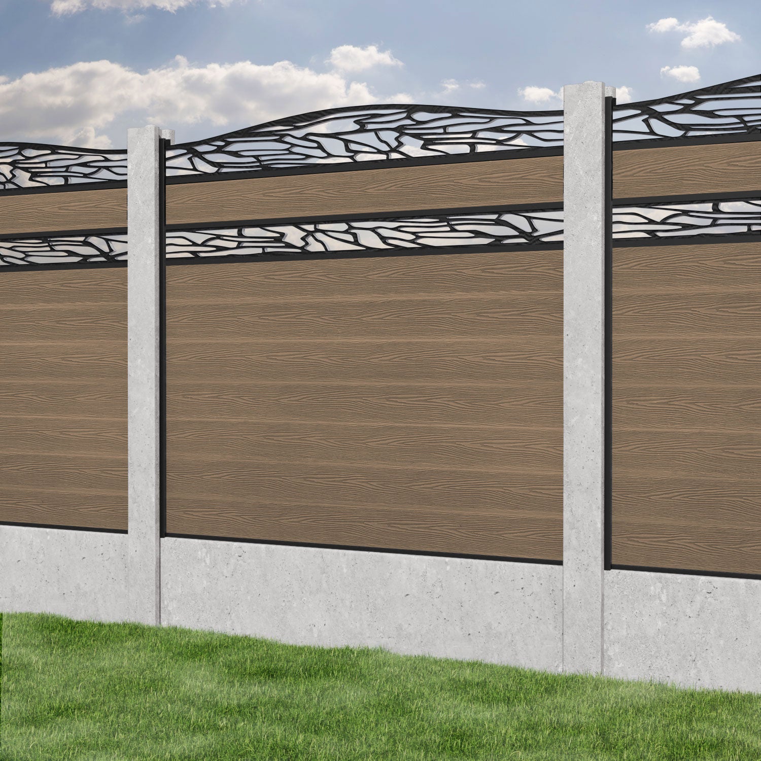 Classic Shatter Curved Top Split Screen Fence Panel - Teak - for existing concrete posts