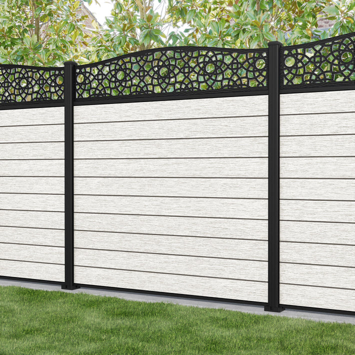 Fusion Ambar Curved Top Fence Panel - Light Stone - with our aluminium posts
