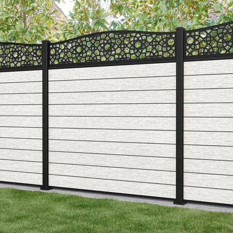 Fusion Ambar Curved Top Fence Panel - Light Stone - with our aluminium posts