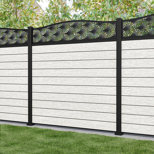 Fusion Laurel Curved Top Fence Panel - Light Stone - with our aluminium posts