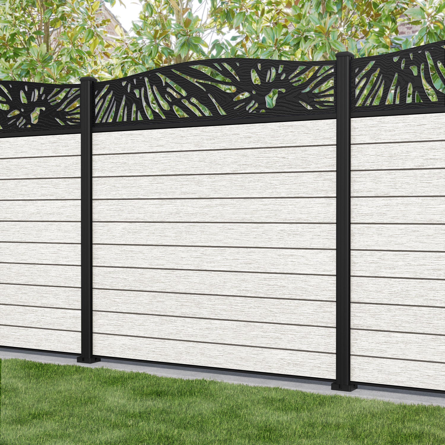 Fusion Poppy Curved Top Fence Panel - Light Stone - with our aluminium posts