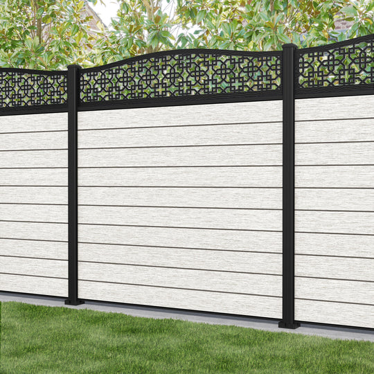 Fusion Zaria Curved Top Fence Panel - Light Stone - with our aluminium posts