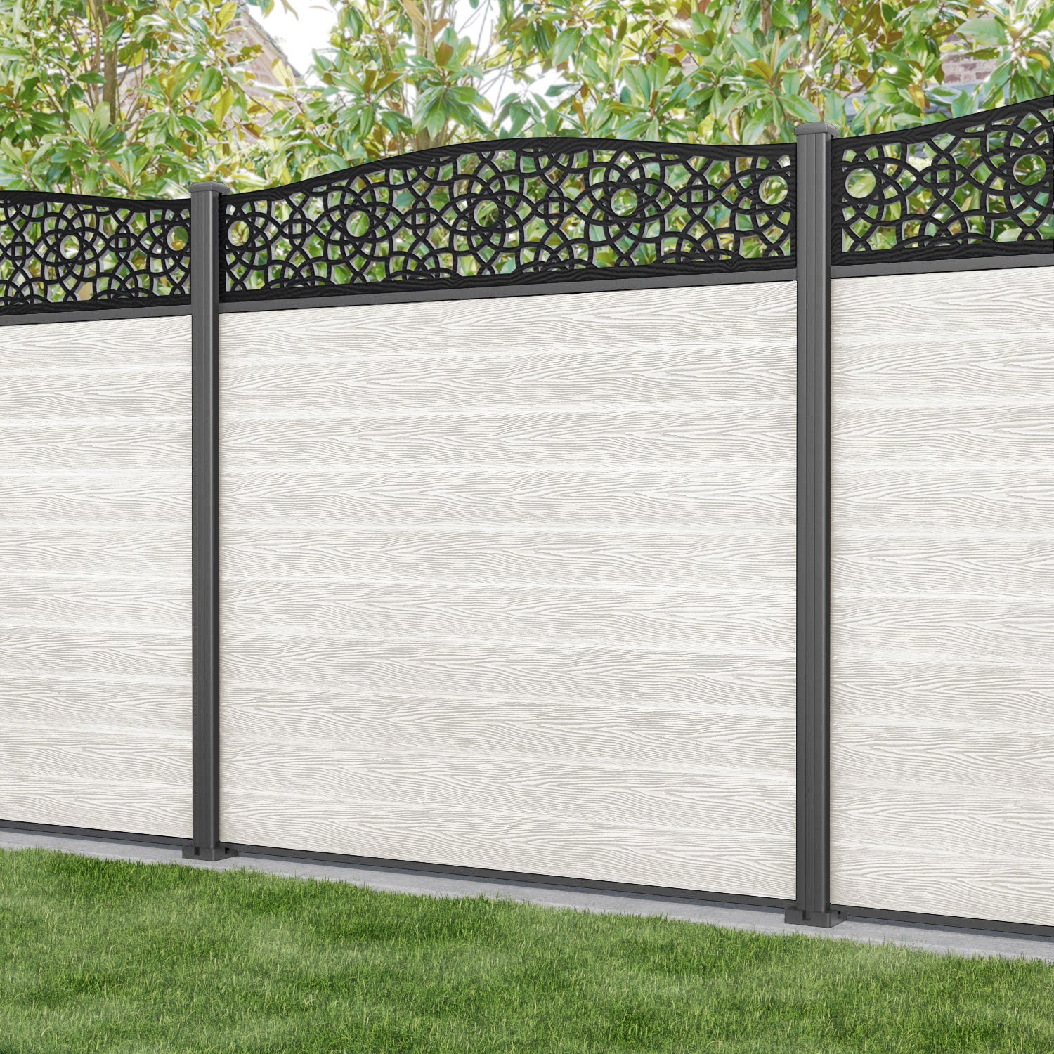 Classic Ambar Curved Top Fence Panel - Light Stone - with our aluminium posts