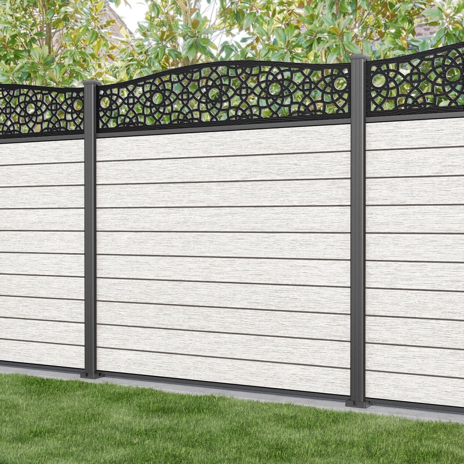 Fusion Ambar Curved Top Fence Panel - Light Stone - with our aluminium posts